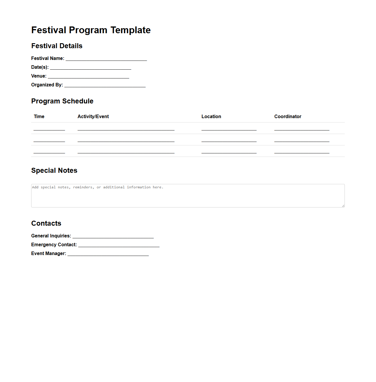 Blank Festival Program Template for Organizing Committees