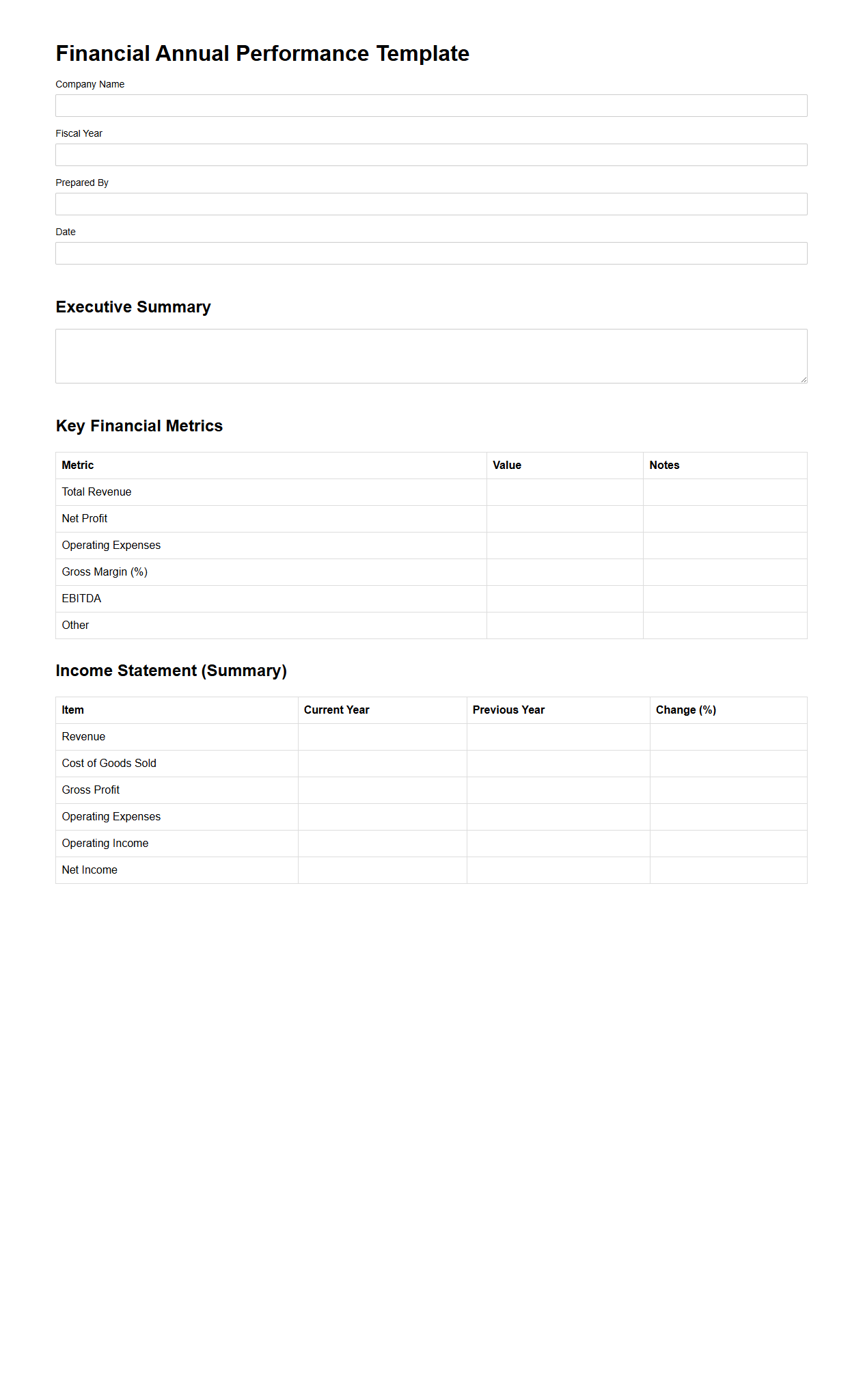 Blank Financial Annual Performance Template