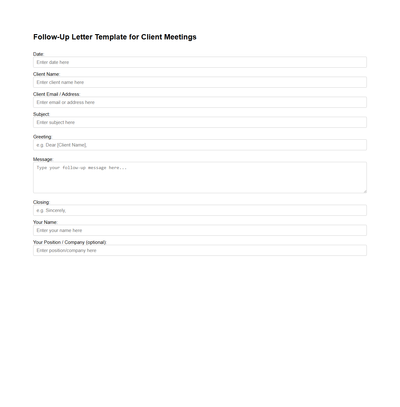 Blank Follow-Up Letter Template for Client Meetings