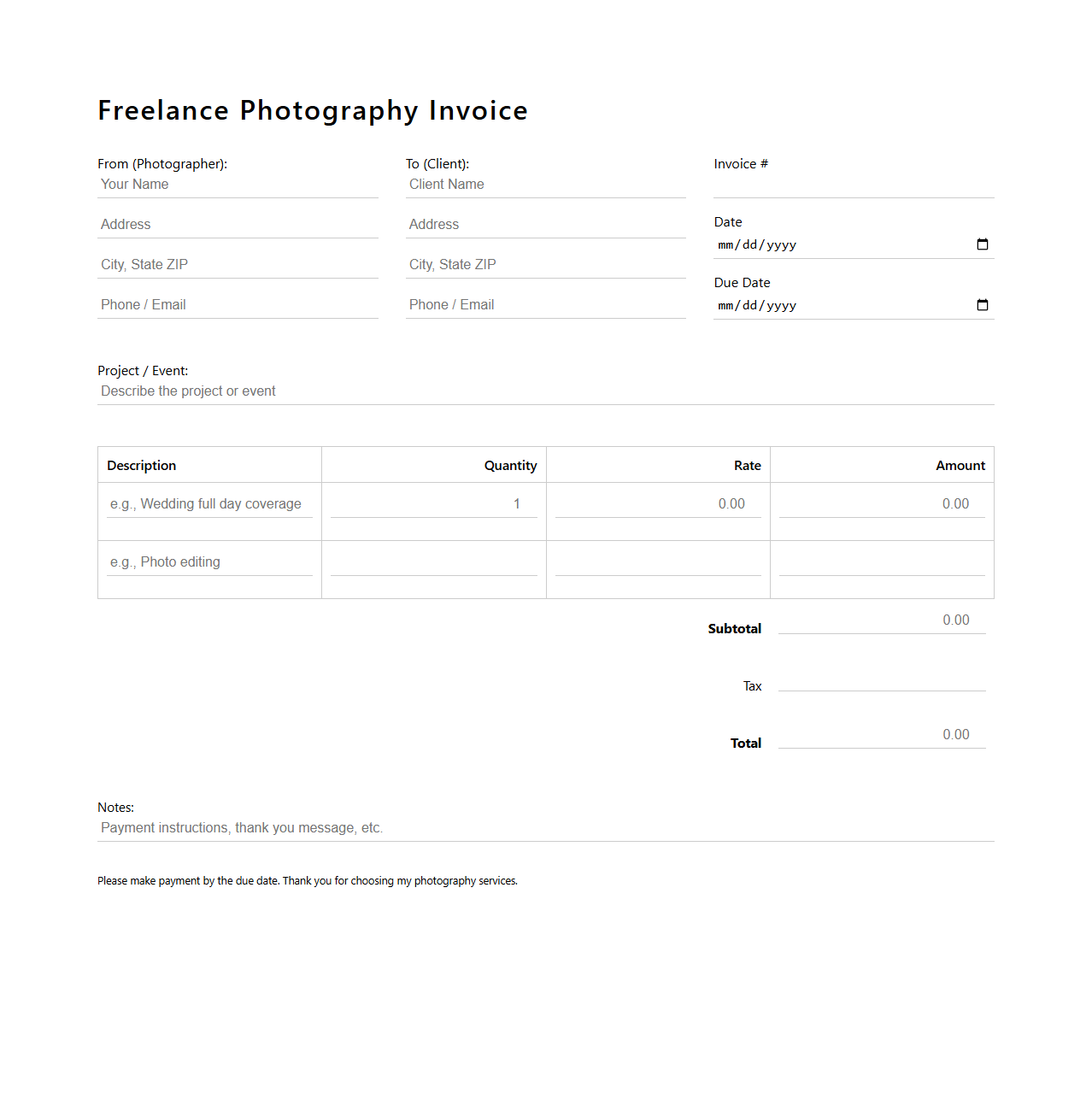 Blank Freelance Photography Invoice Template
