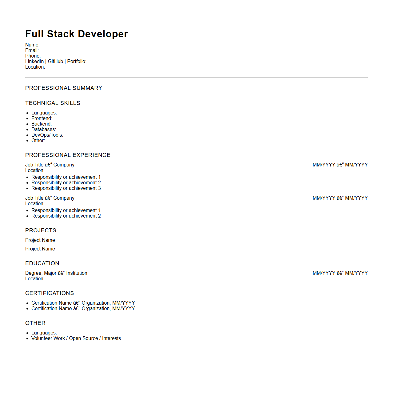 Blank Full Stack Developer Resume Outline