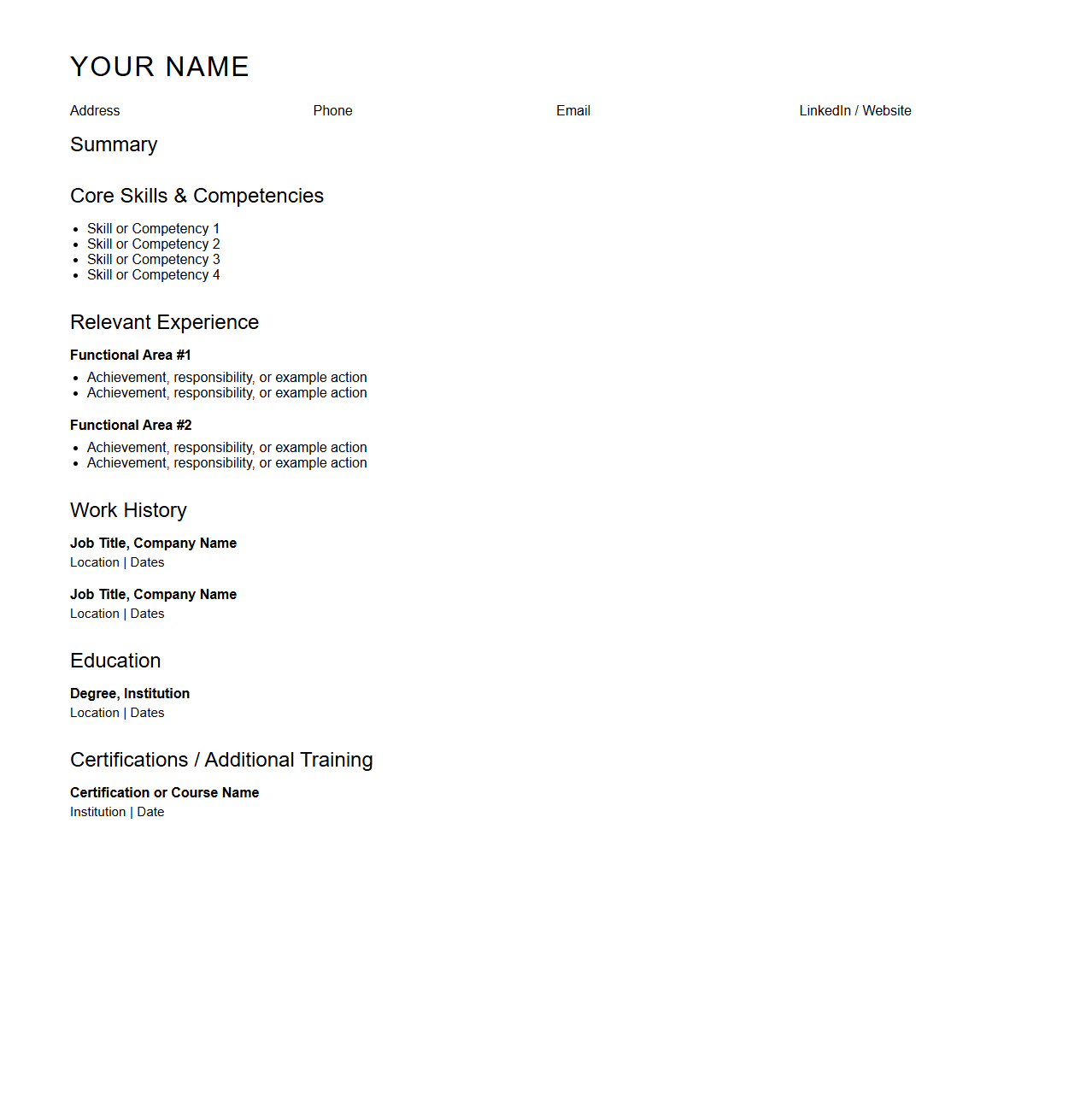 Blank Functional Resume Framework