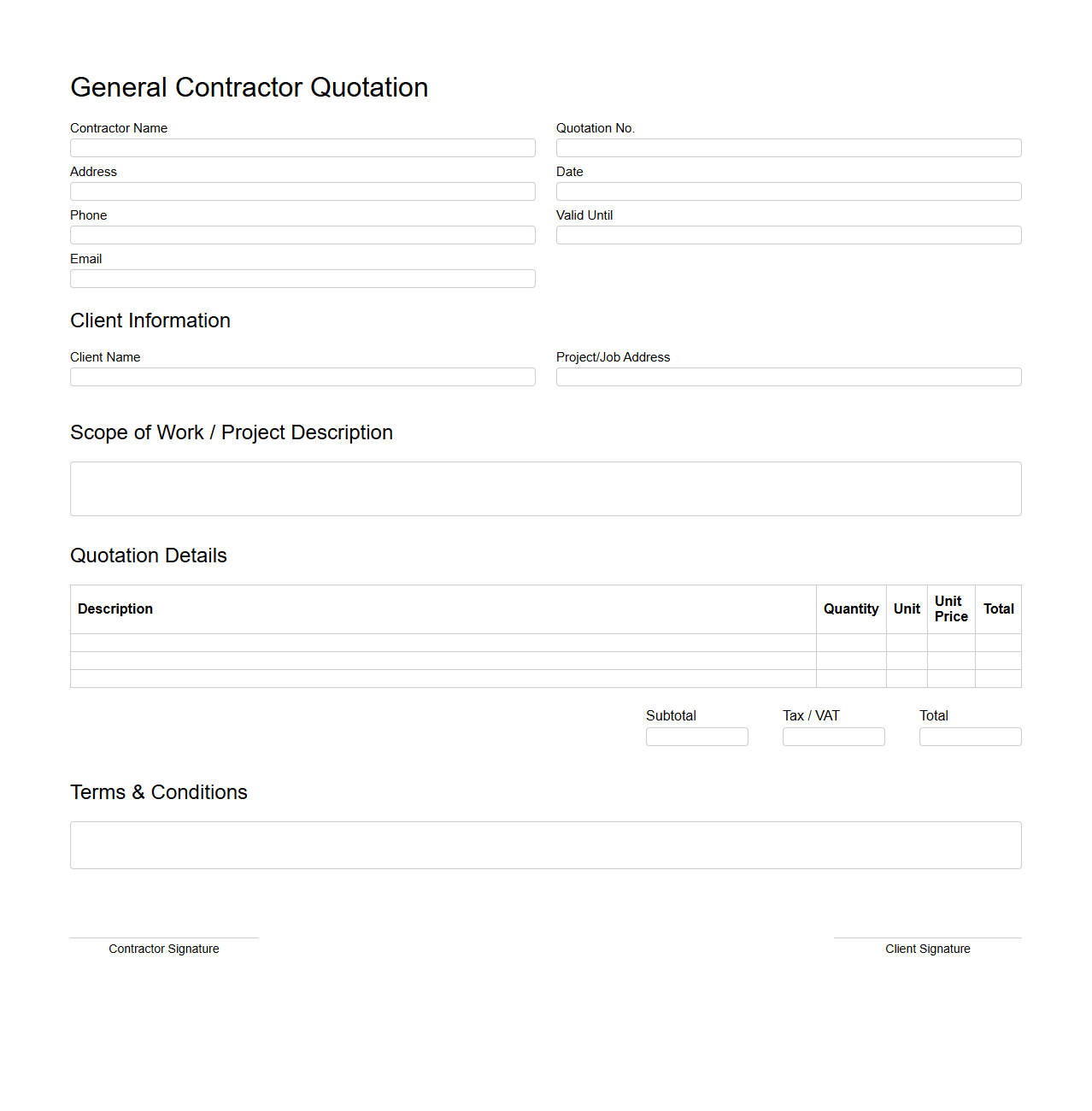 Blank General Contractor Quotation Template