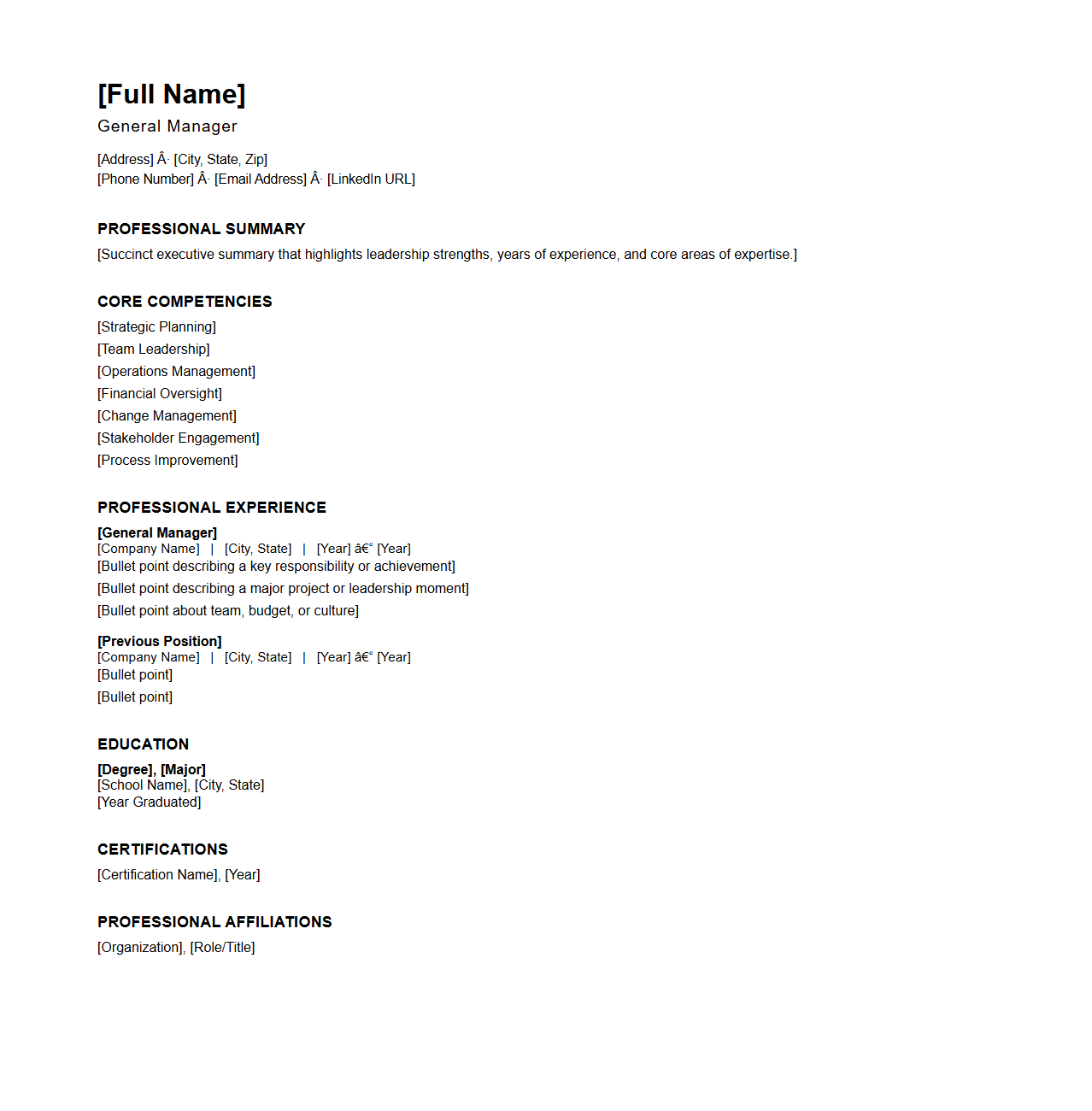 Blank General Manager Resume Template for Leadership Profiles