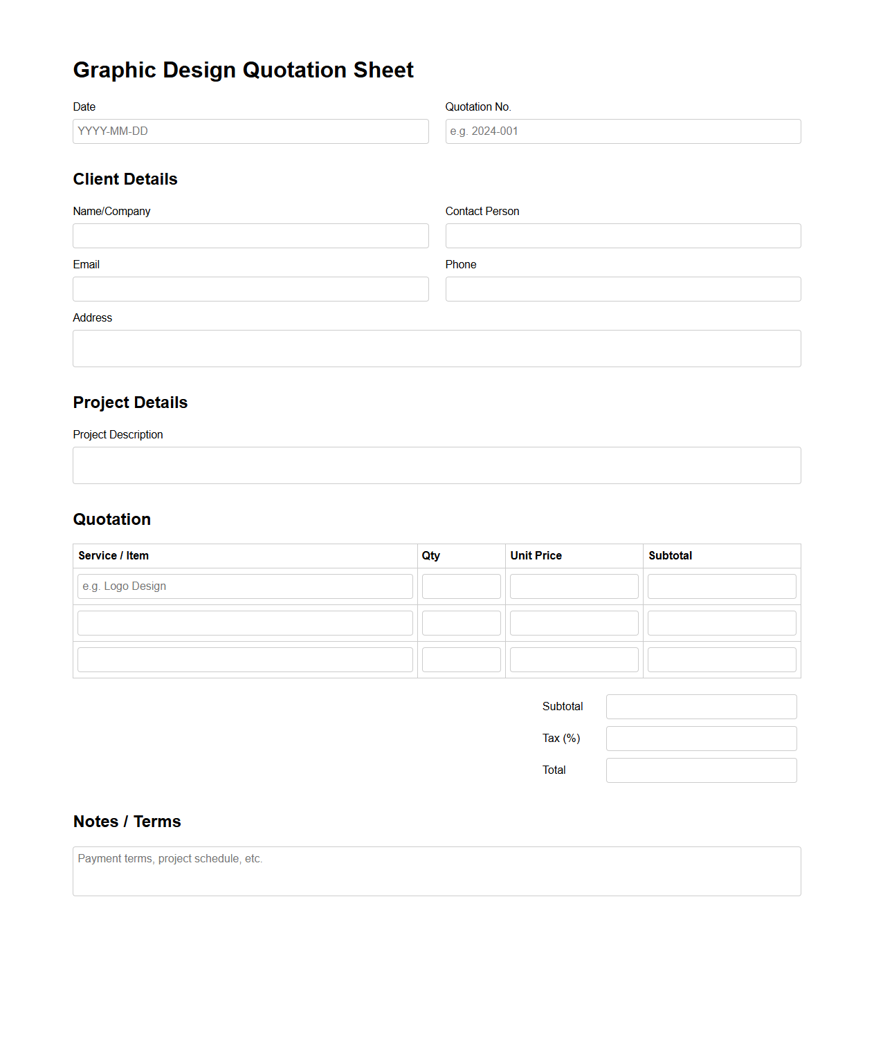 Blank Graphic Design Quotation Sheet