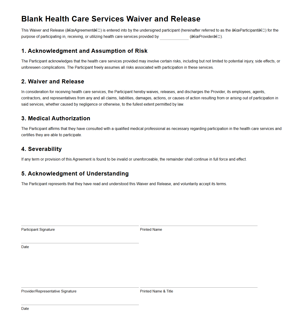 Blank Health Care Services Waiver and Release