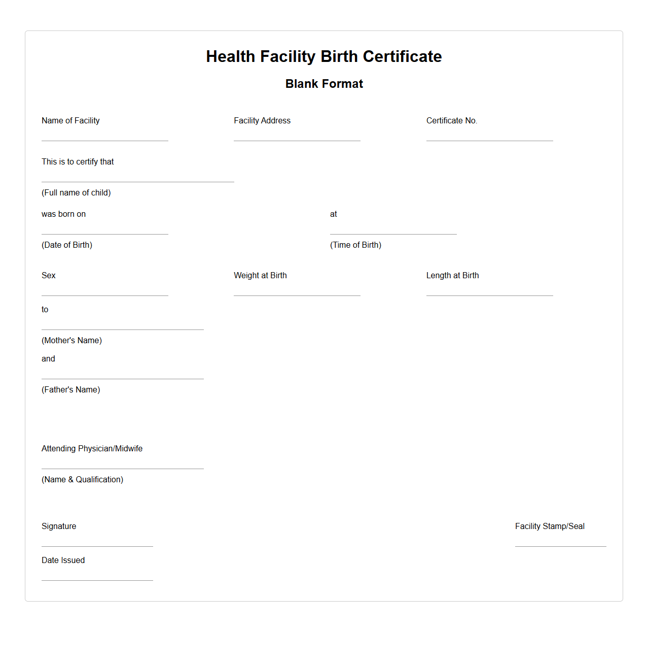 Blank Health Facility Birth Certificate Format
