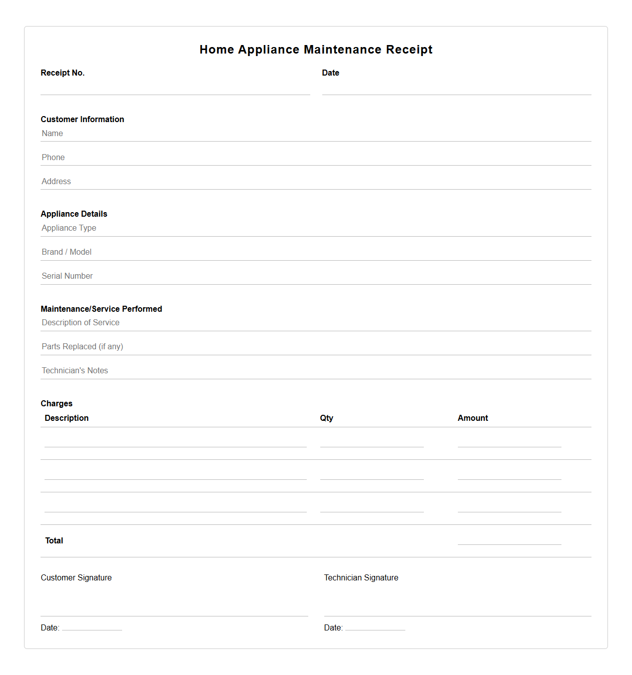 Blank Home Appliance Maintenance Receipt Template