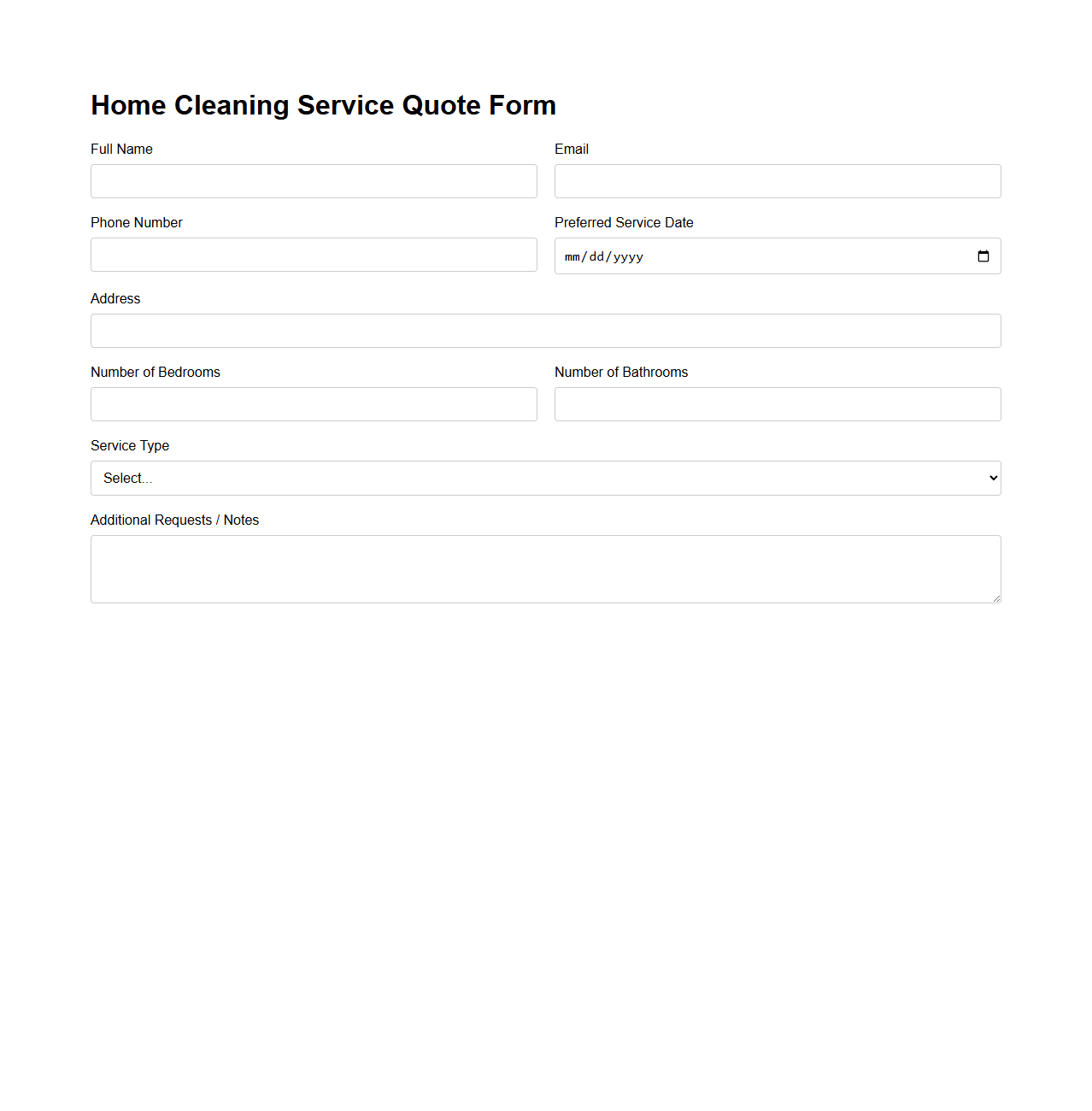 Blank Home Cleaning Service Quote Form