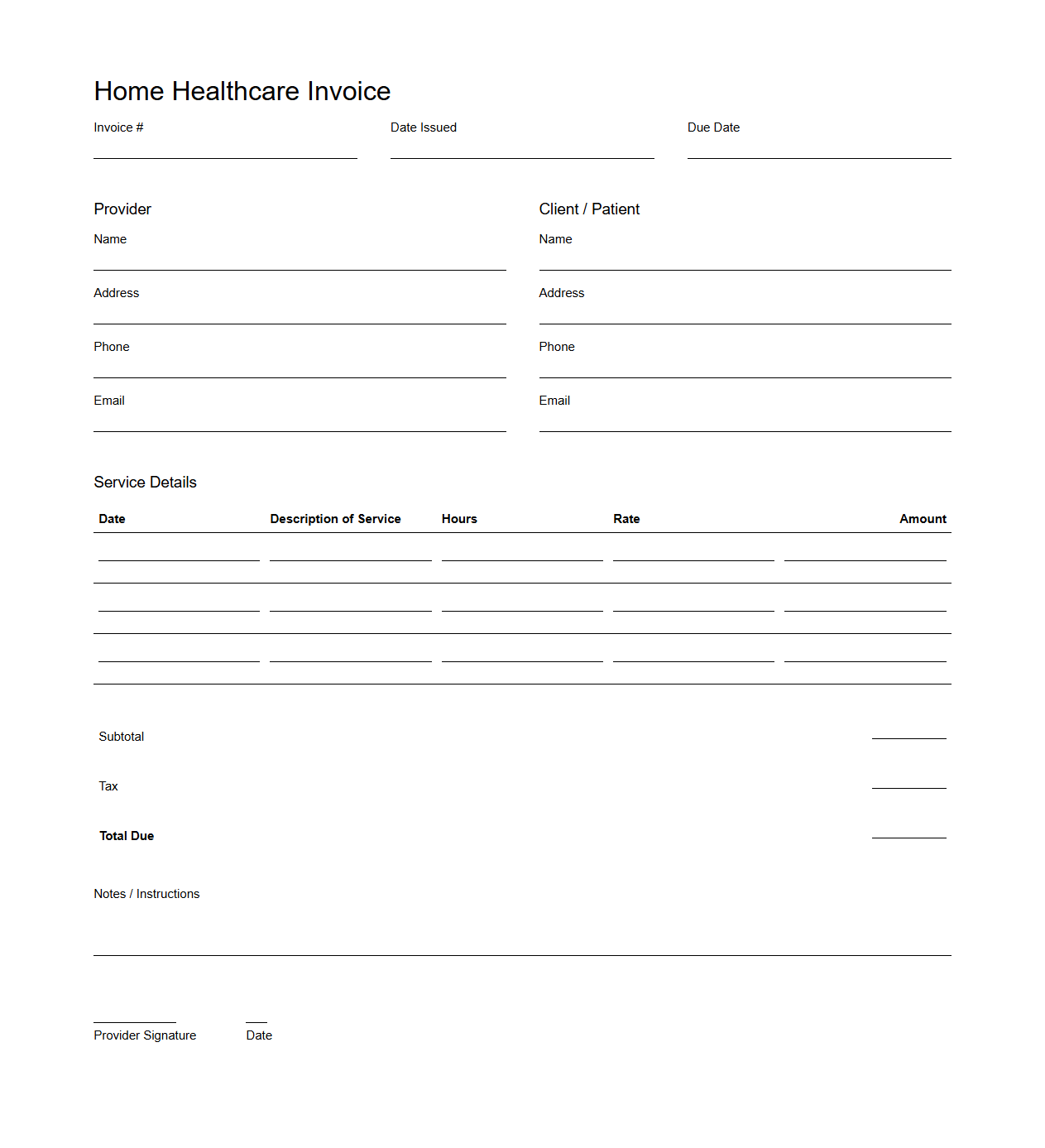 Blank Home Healthcare Invoice Template