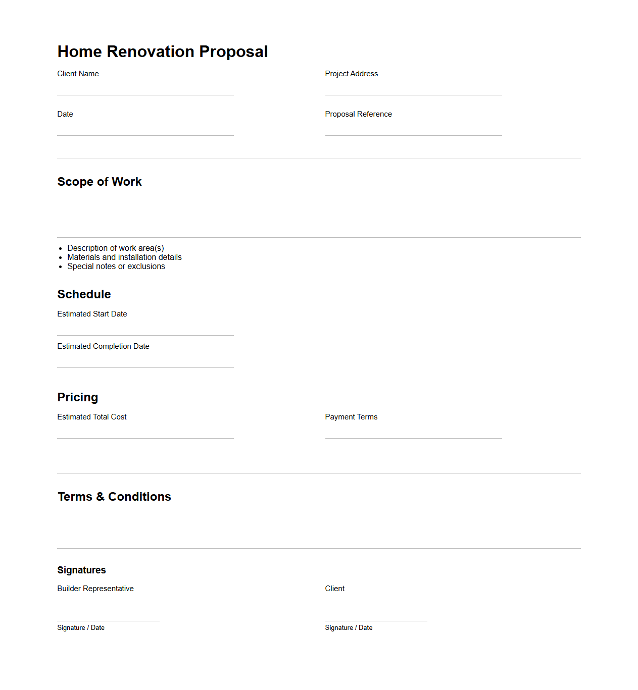 Blank Home Renovation Proposal Template for Builders
