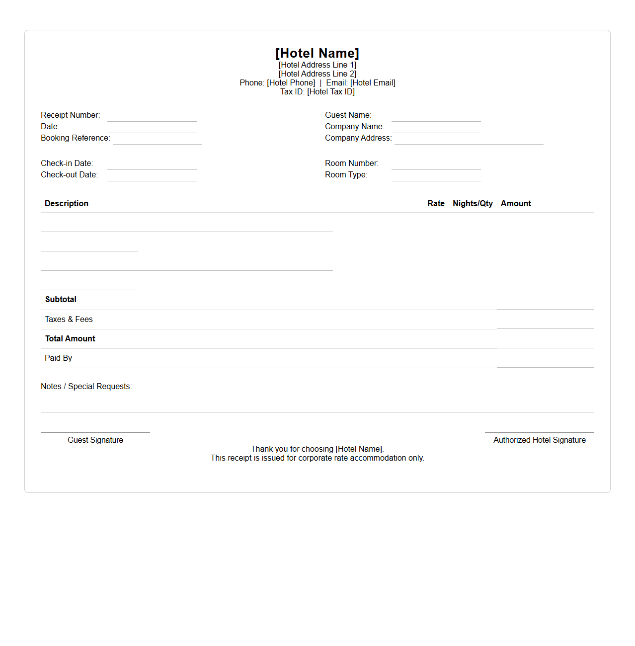 Blank Hotel Receipt Template for Corporate Rates