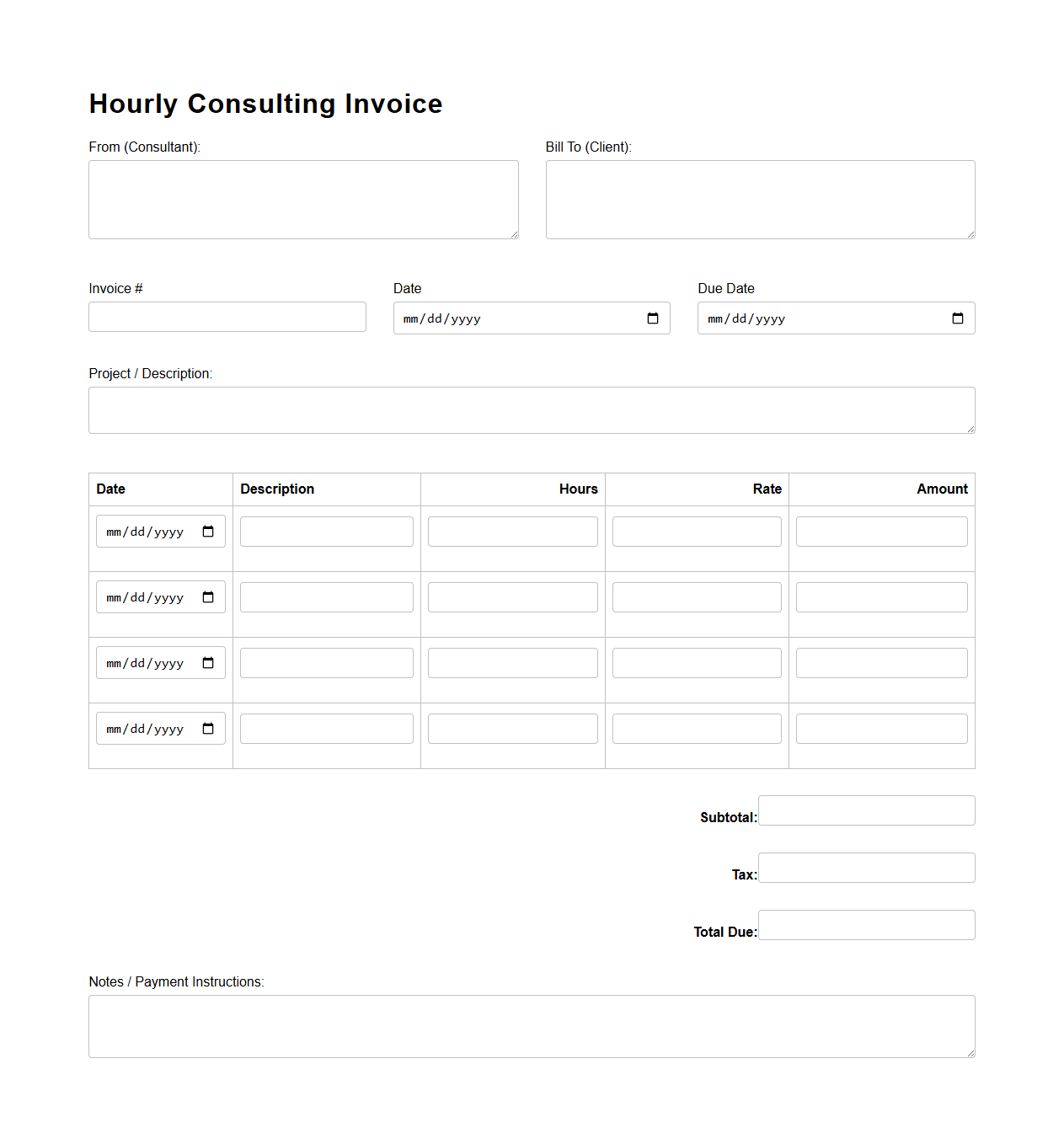 Blank Hourly Consulting Invoice Form