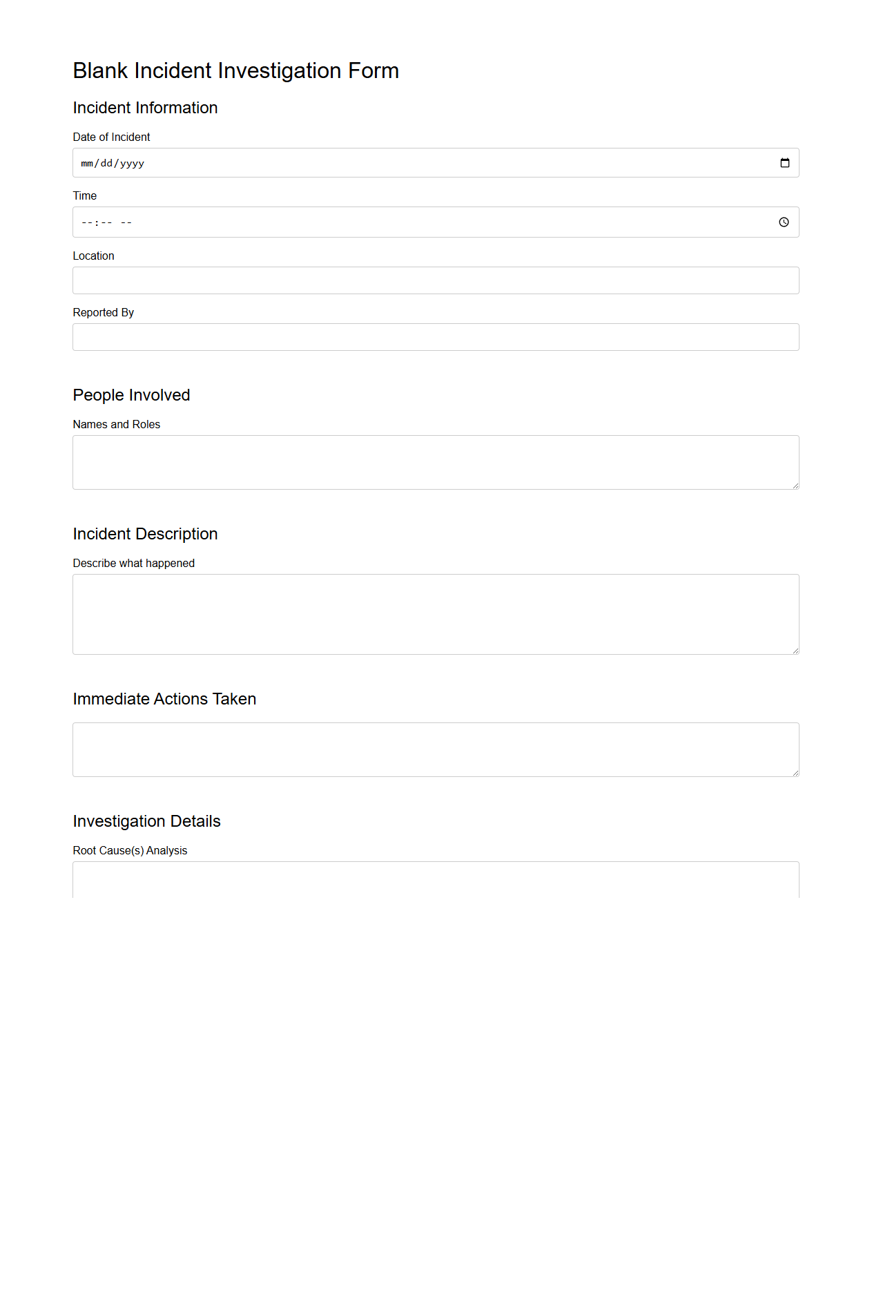 Blank Incident Investigation Form Template