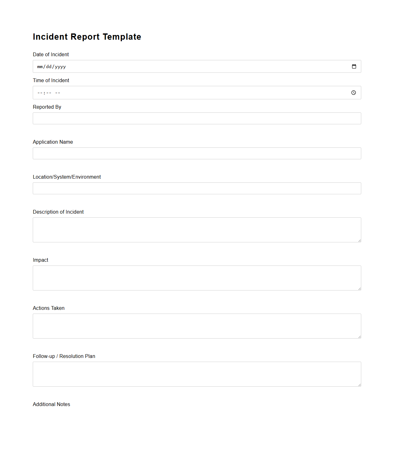 Blank Incident Report Template for Applications