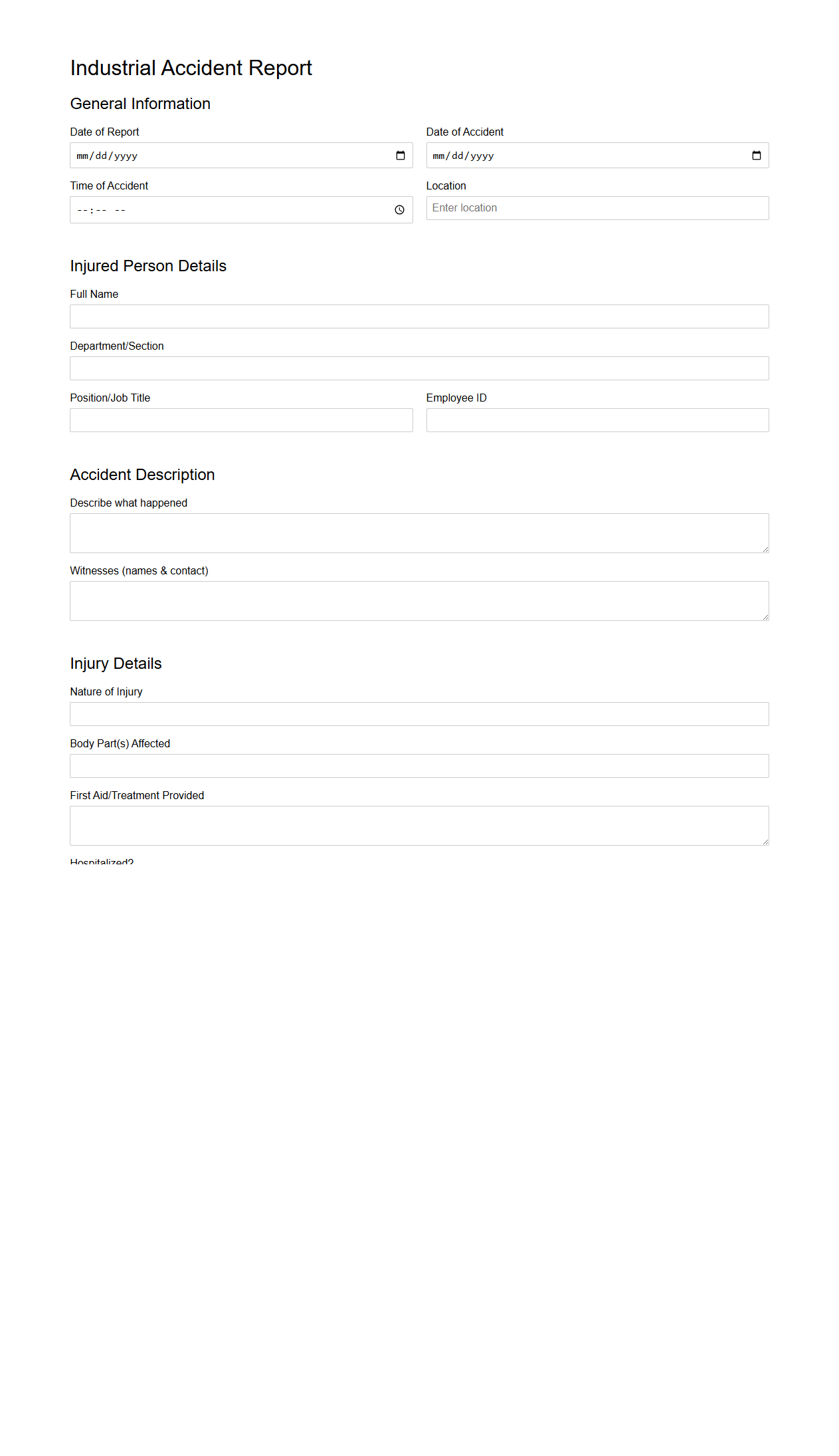Blank Industrial Accident Report Template