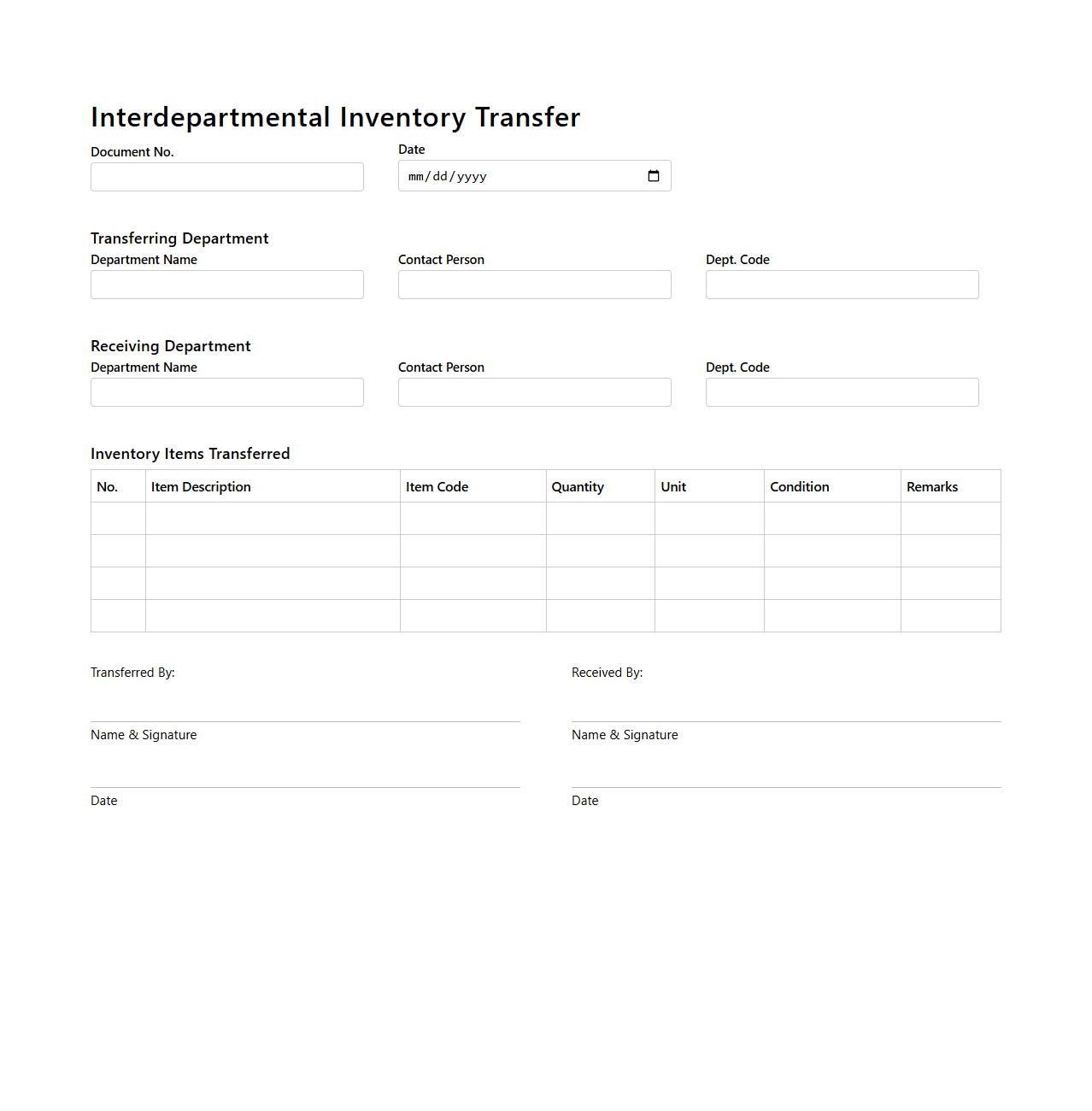Blank Interdepartmental Inventory Transfer Document