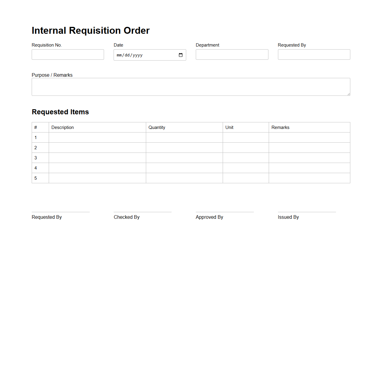 Blank Internal Requisition Order Template