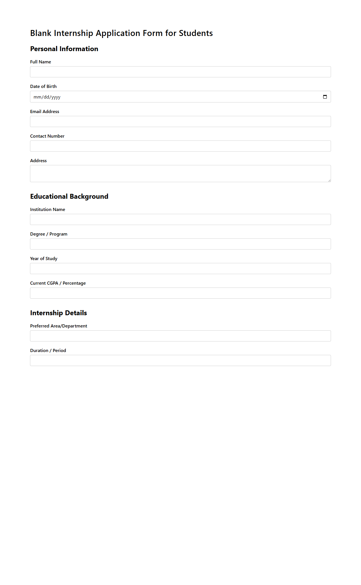 Blank Internship Application Form for Students