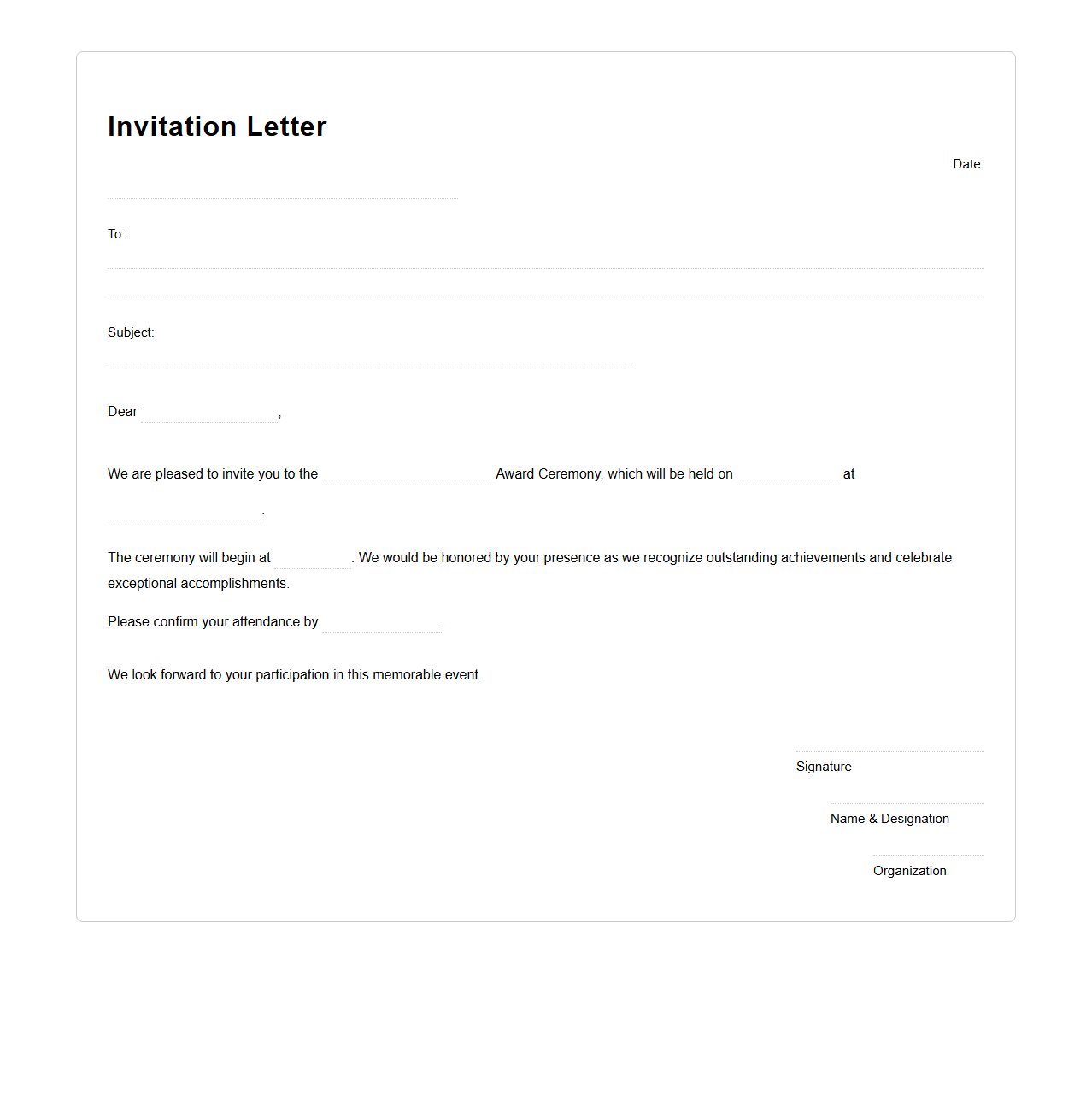 Blank Invitation Letter Template for Award Ceremony Invitations
