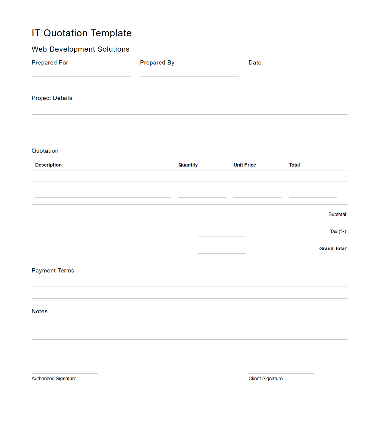 Blank IT Quotation Template for Web Development Solutions