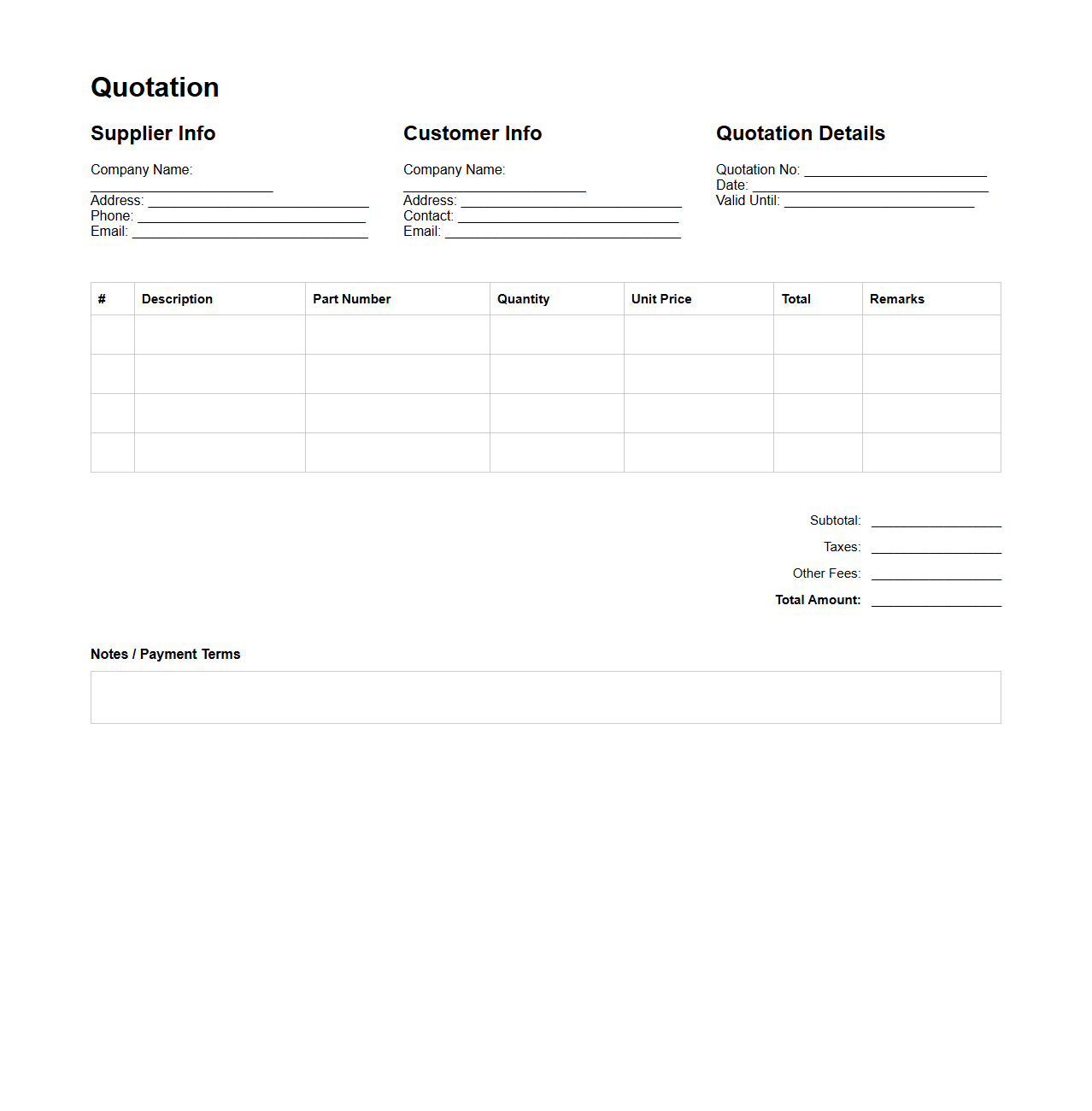 Blank Itemized Quotation Template for Manufacturing Orders