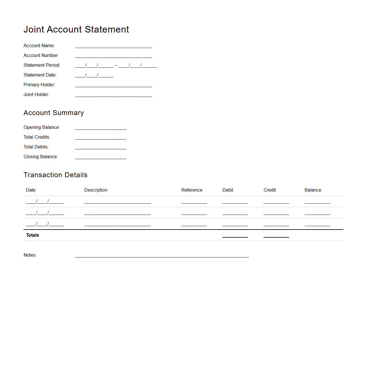 Blank Joint Account Statement Template