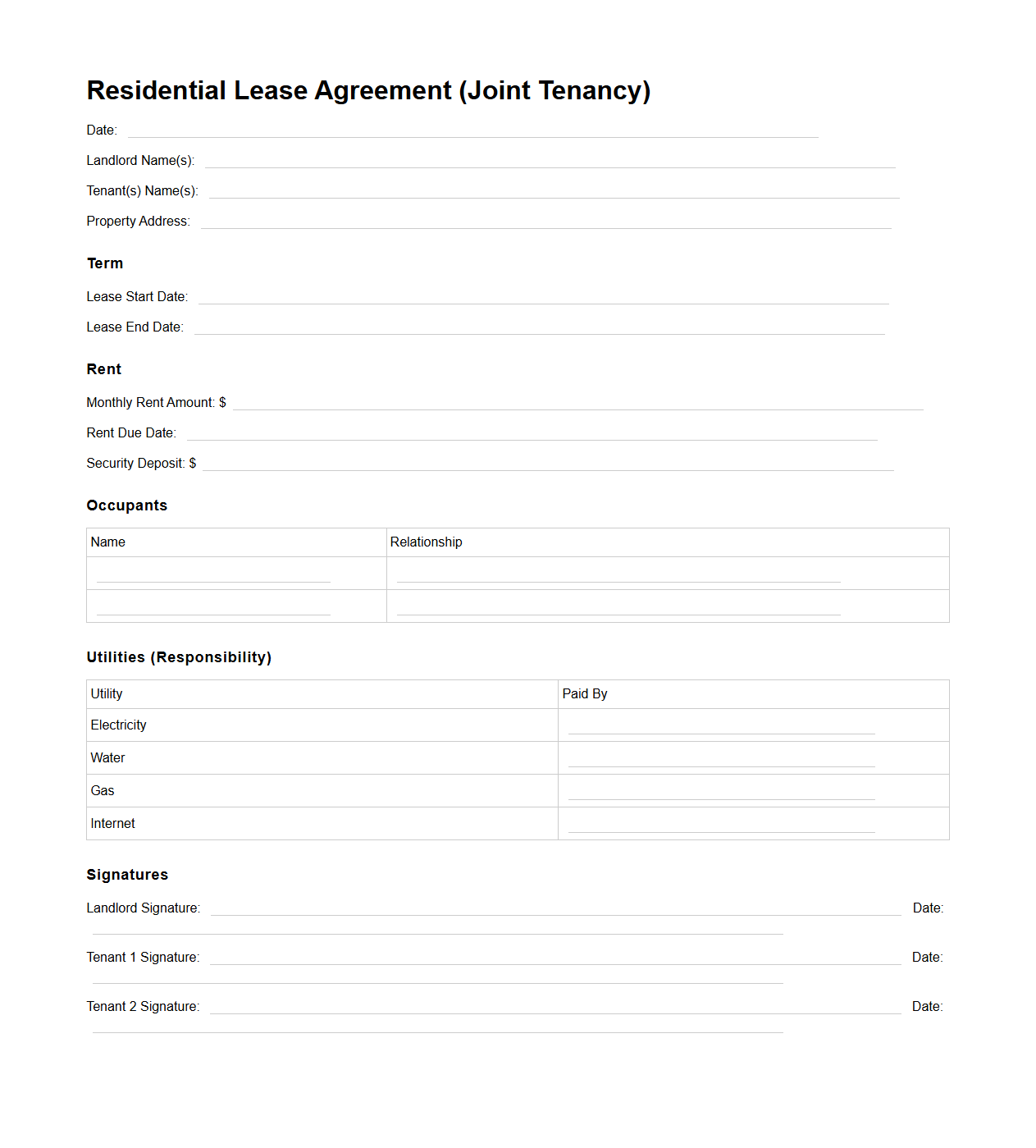 Blank Joint Tenancy Residential Lease Template
