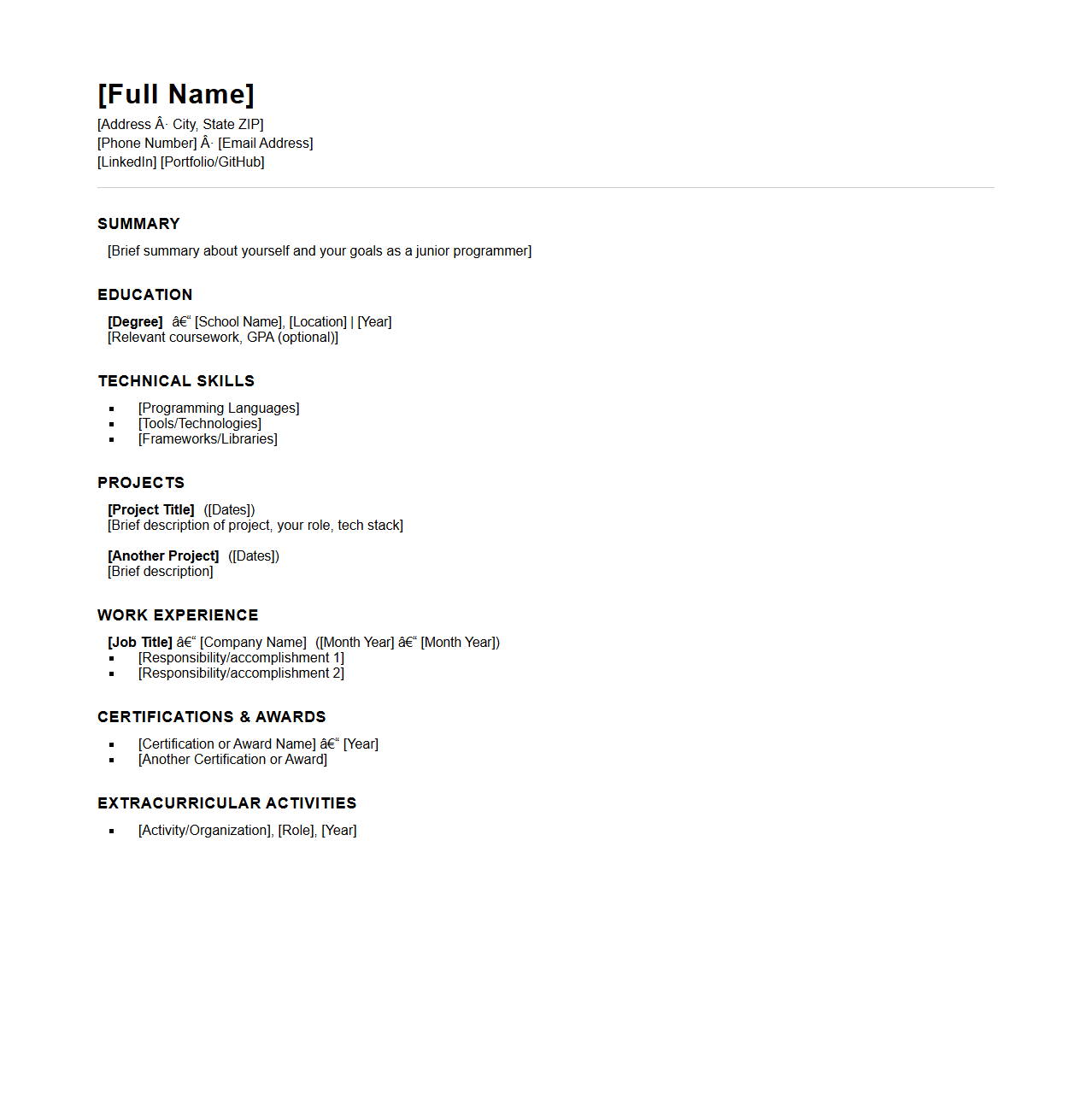 Blank Junior Programmer Resume Template