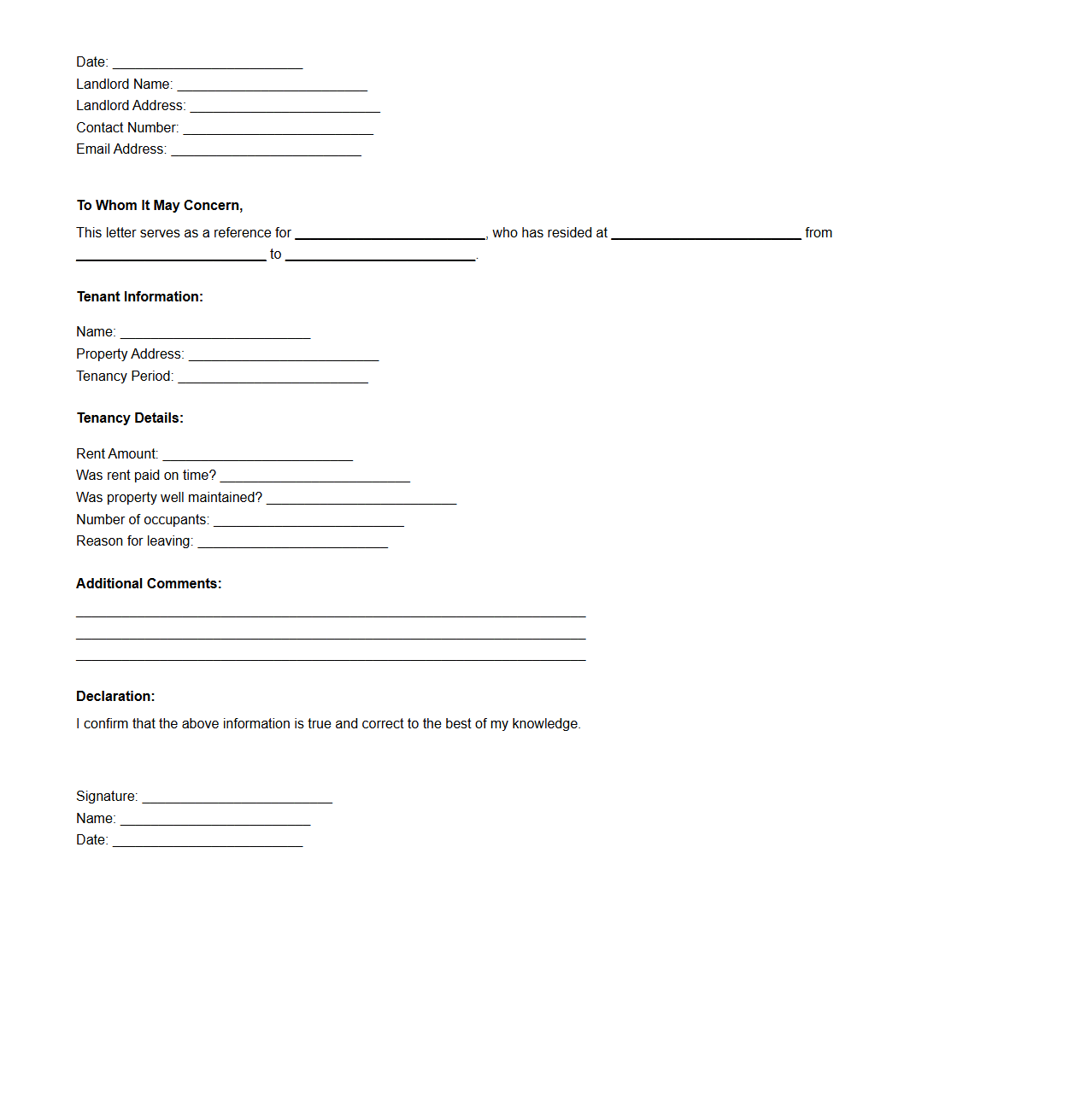 Blank Landlord Reference Letter Structure