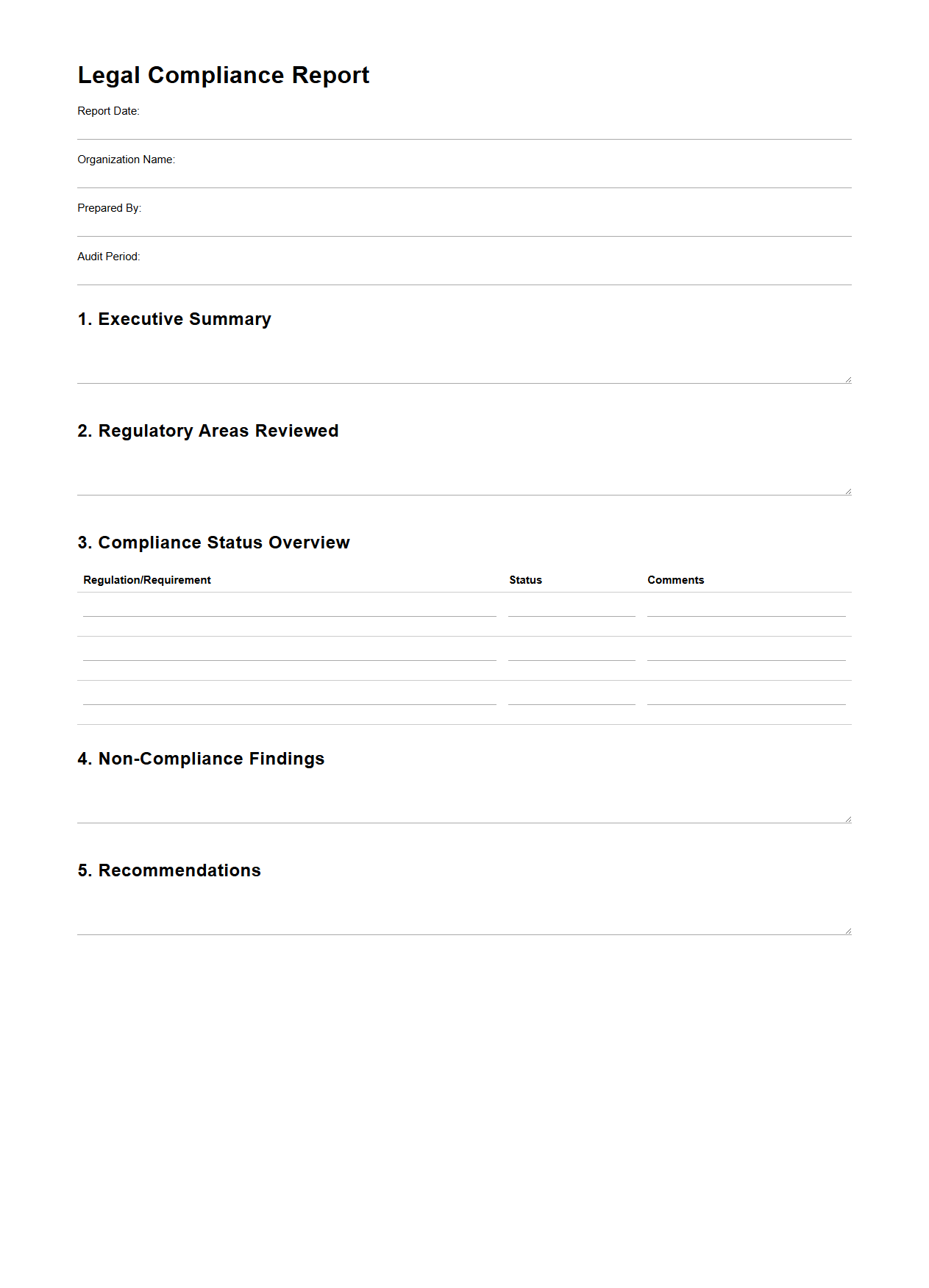 Blank Legal Compliance Report for Regulatory Audits