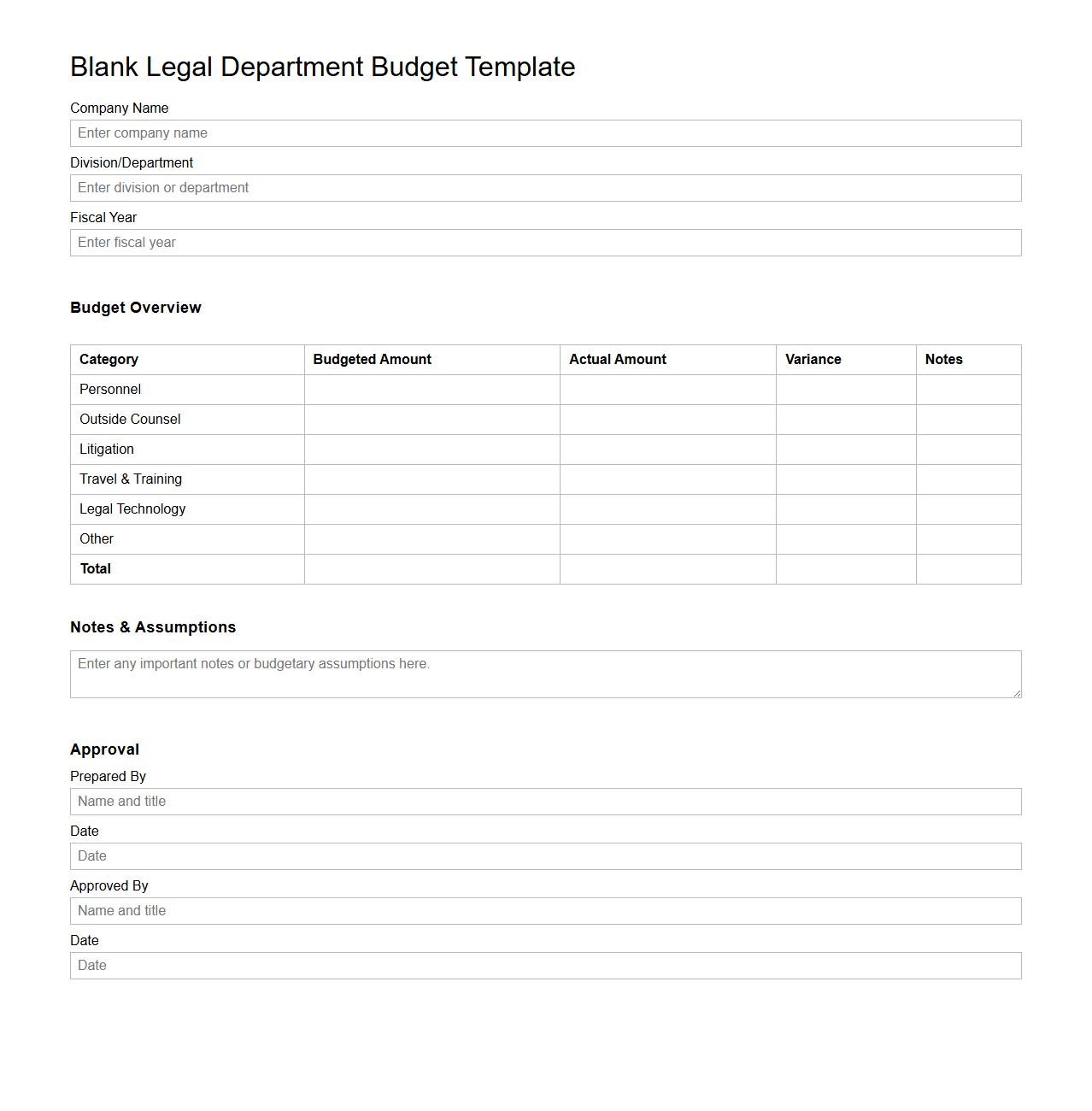 Blank Legal Department Budget Template for Corporate Divisions