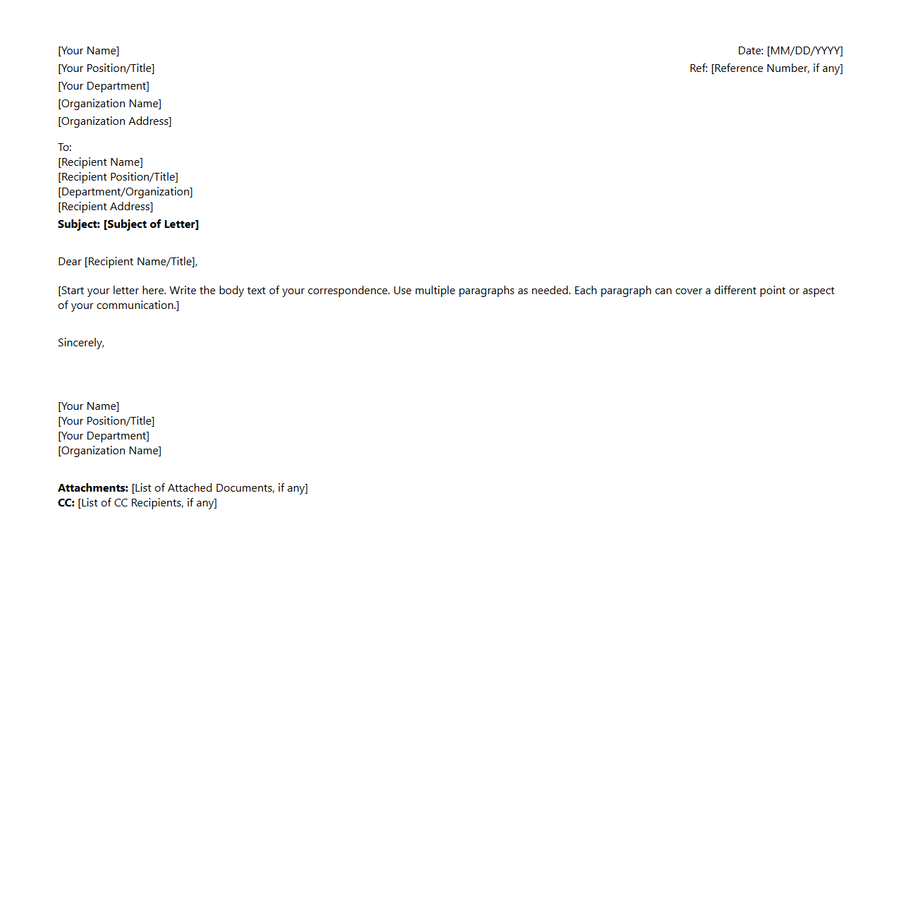 Blank Letter Structure for Office Correspondence