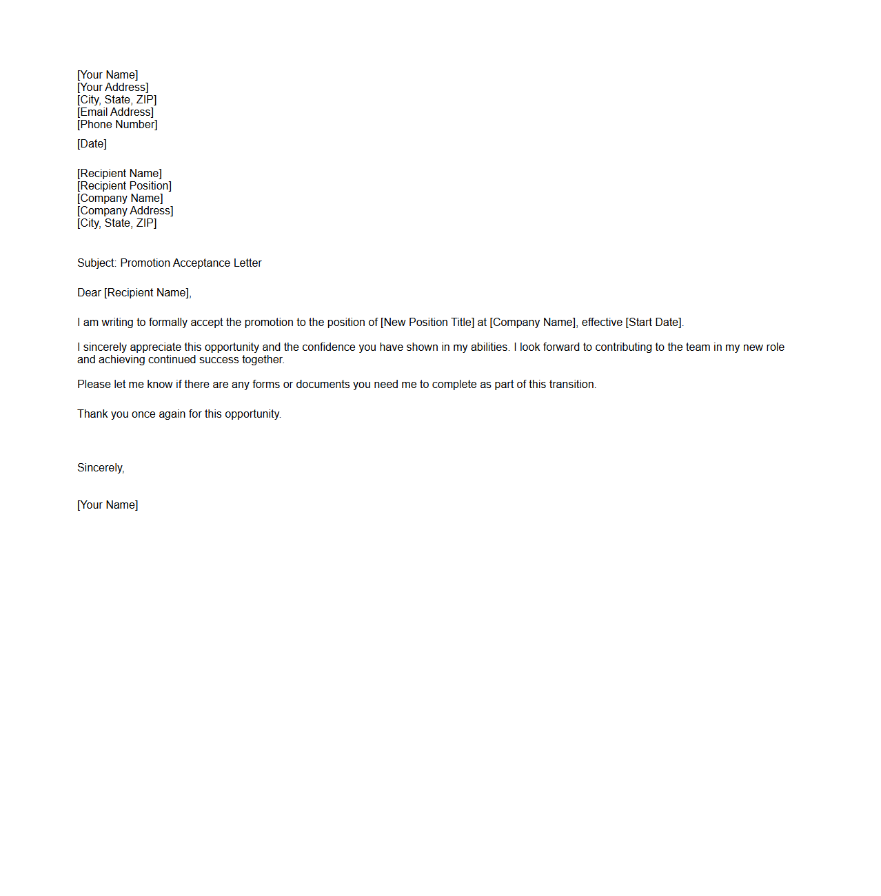 Blank Letter Template for Promotion Acceptance