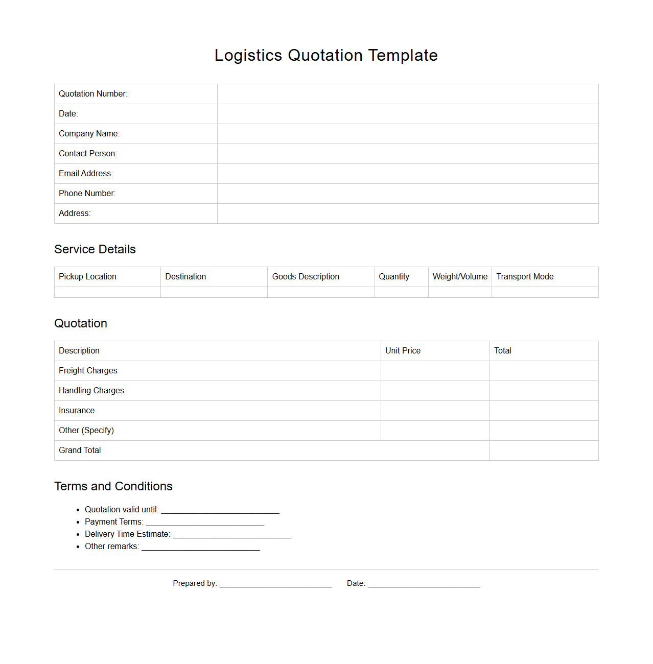 Blank Logistics Quotation Template for Transport Services