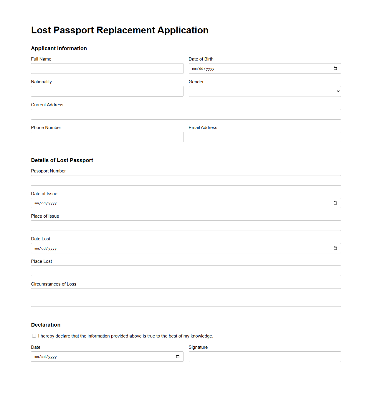Blank Lost Passport Replacement Application Template