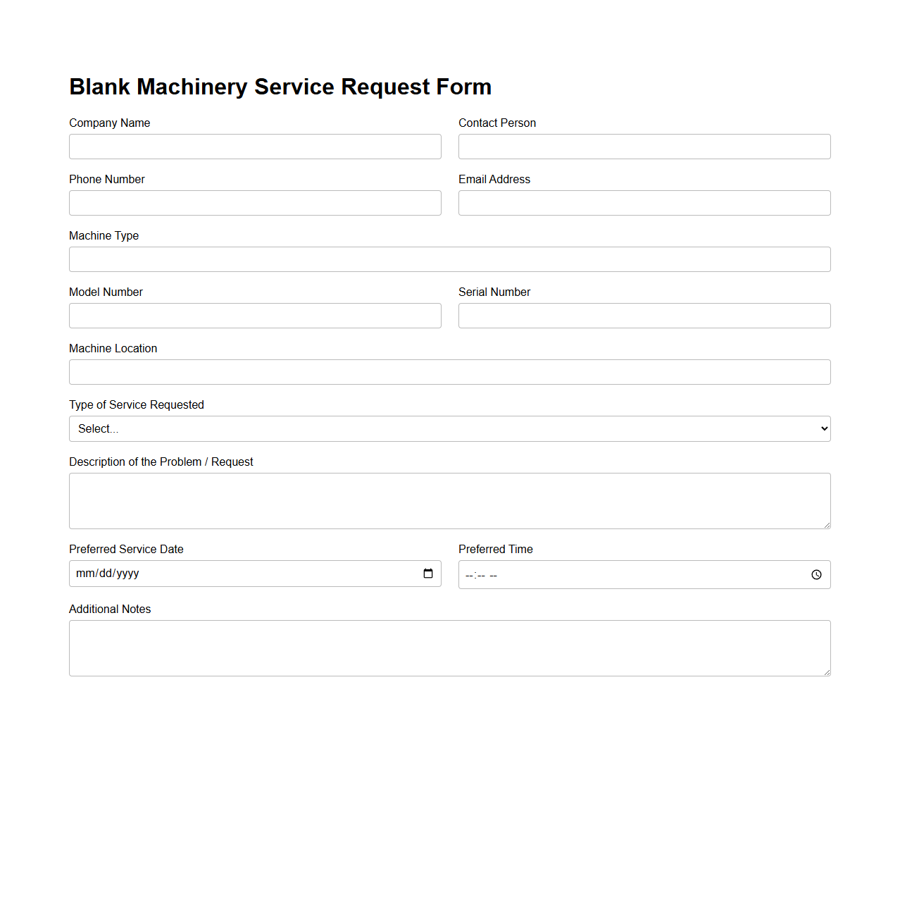 Blank Machinery Service Request Form