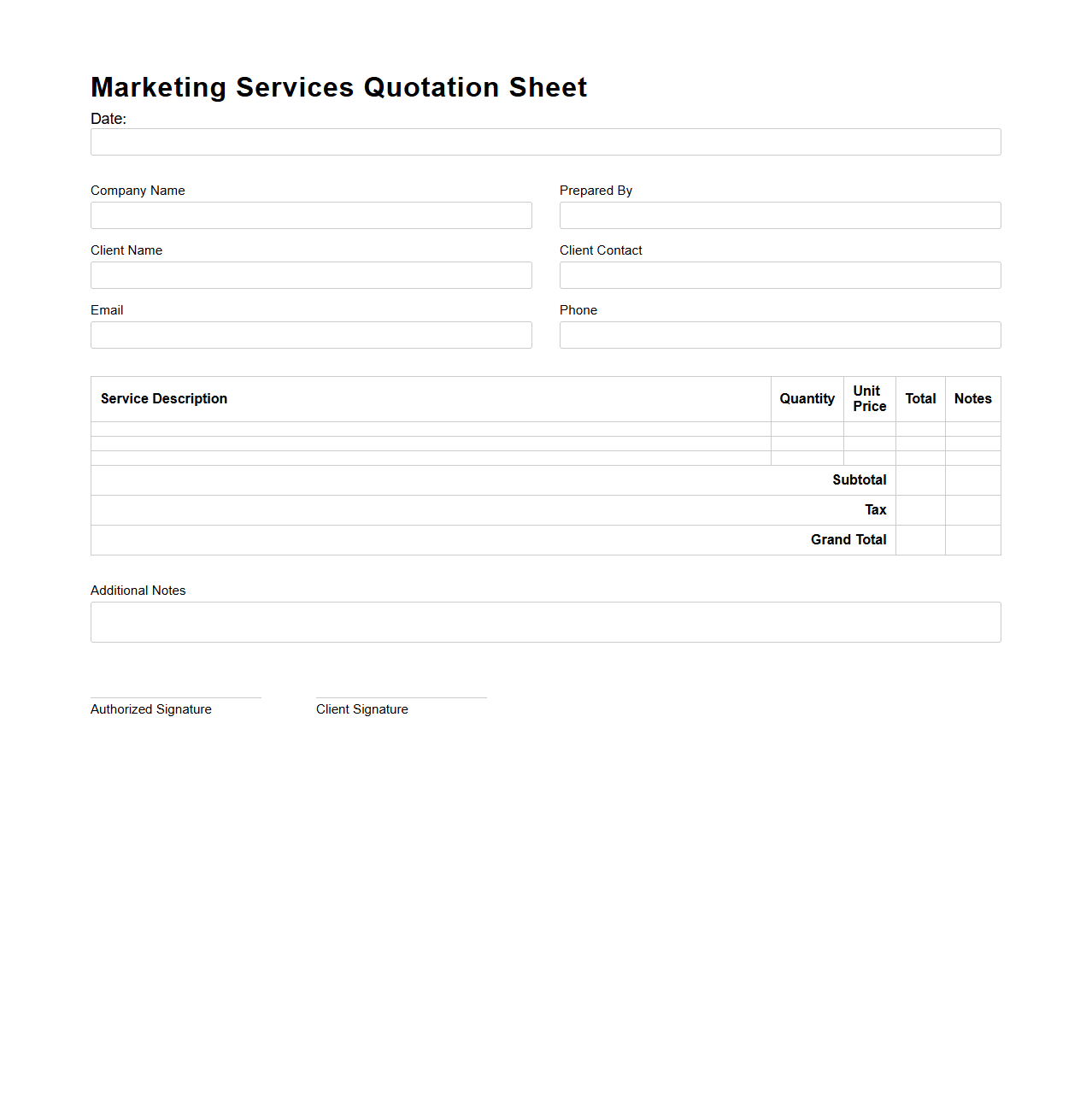 Blank Marketing Services Quotation Sheet