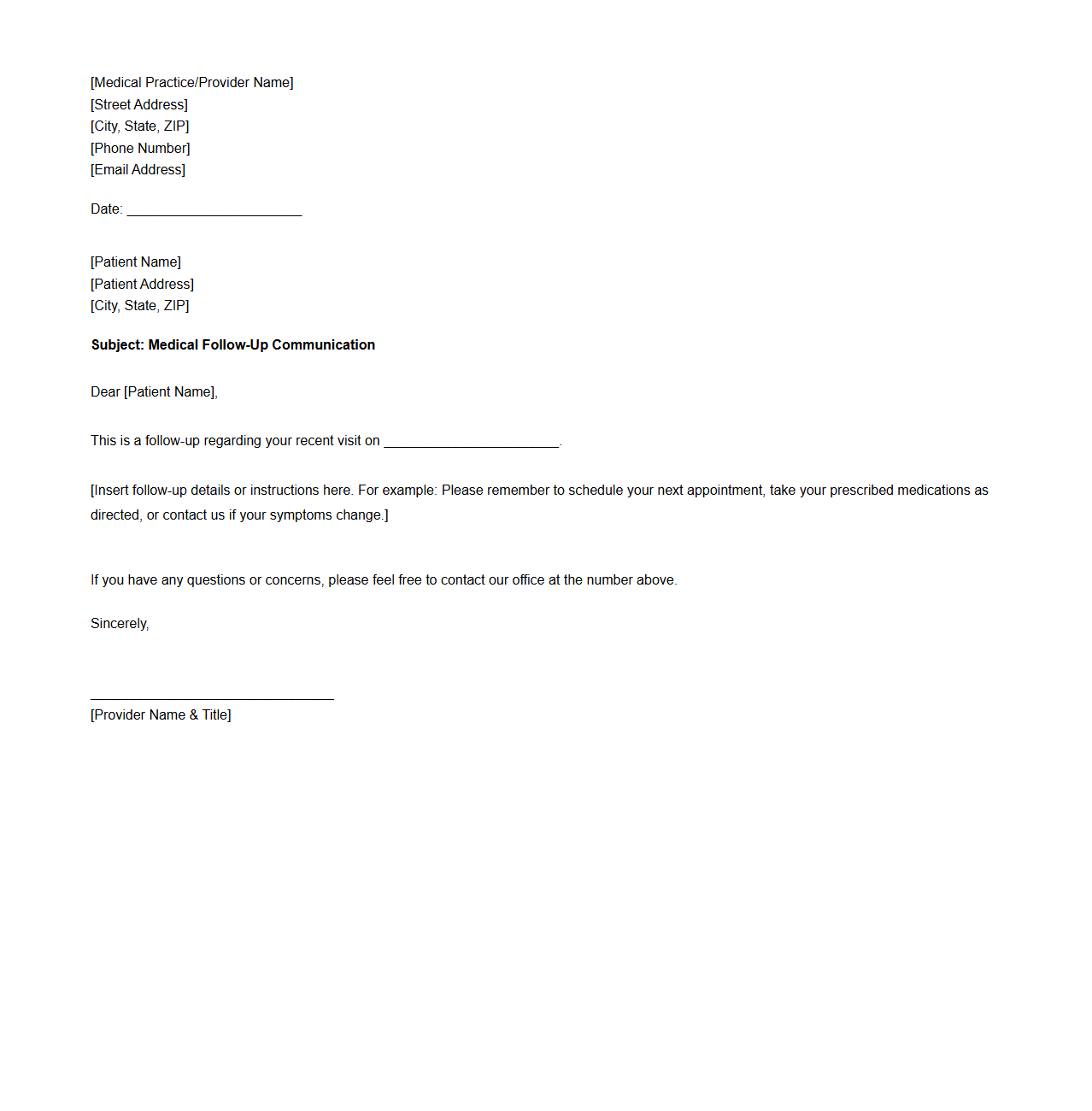 Blank Medical Follow-Up Communication Letter Template