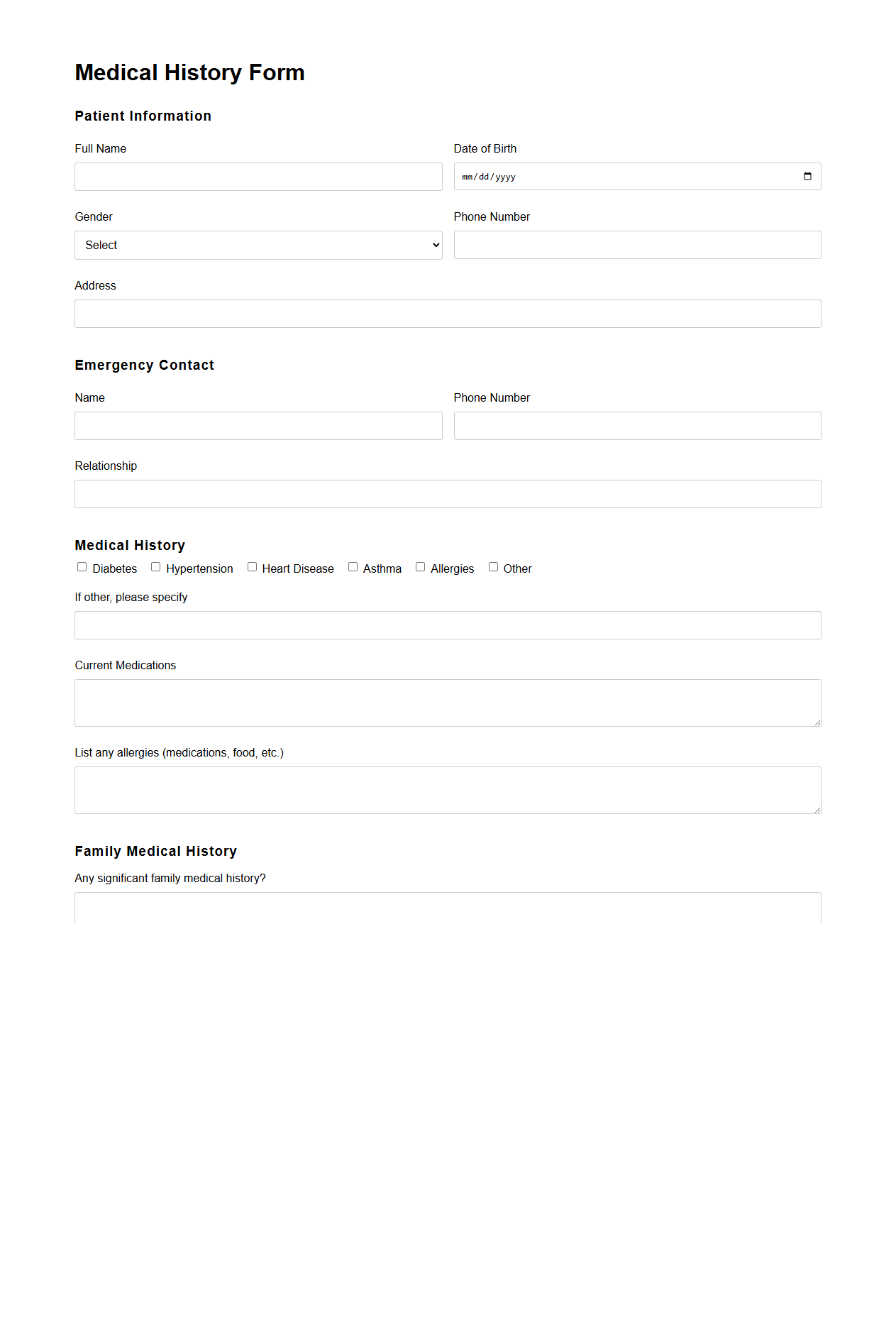 Blank Medical History Form Template for Clinics