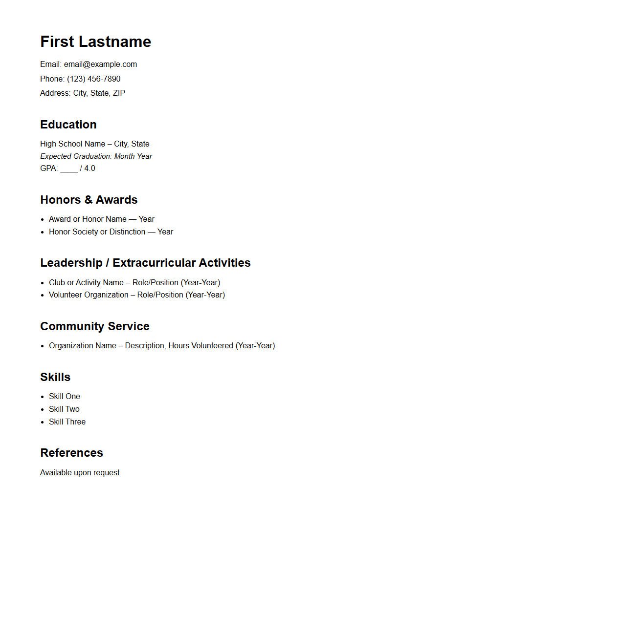 Blank Minimalist High School Scholarship Resume Example