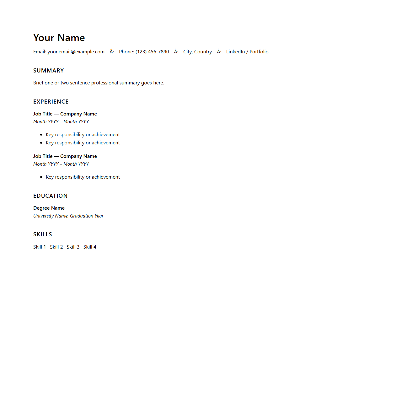 Blank Minimalist Resume Template for Clean Presentations