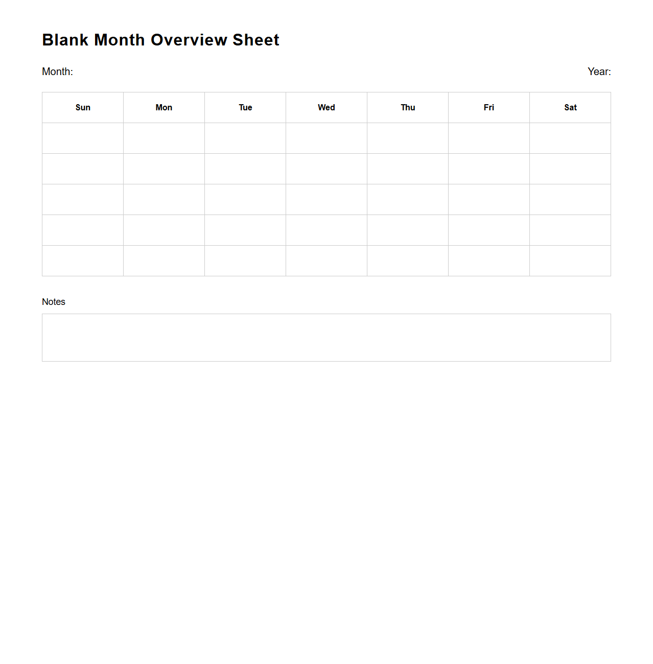 Blank Month Overview Sheet