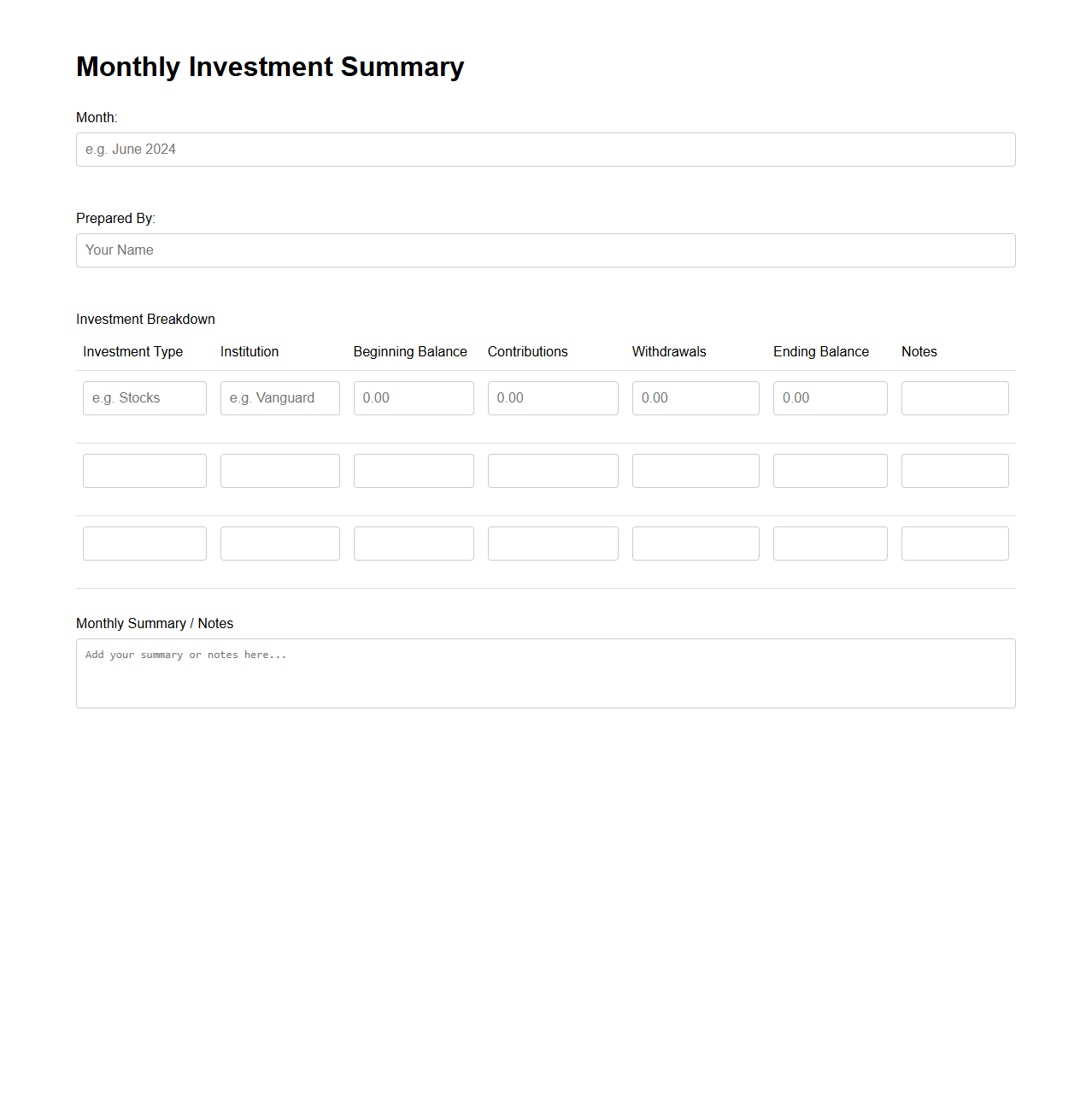Blank Monthly Investment Summary Template
