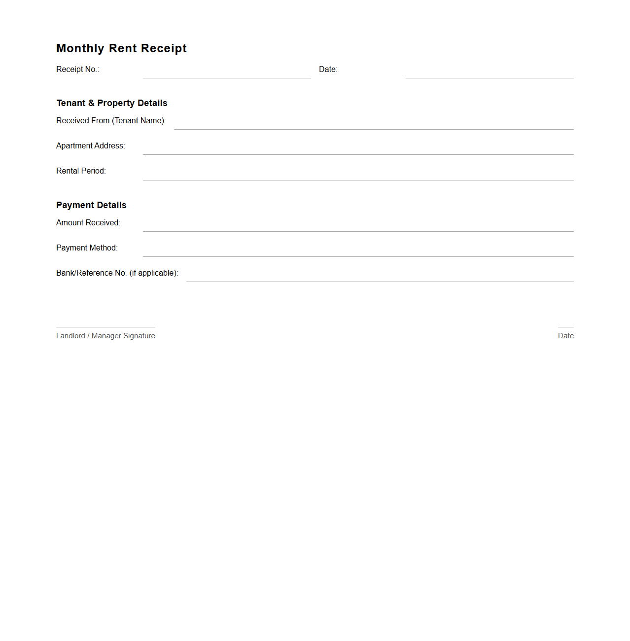Blank Monthly Rent Receipt Template for Apartments