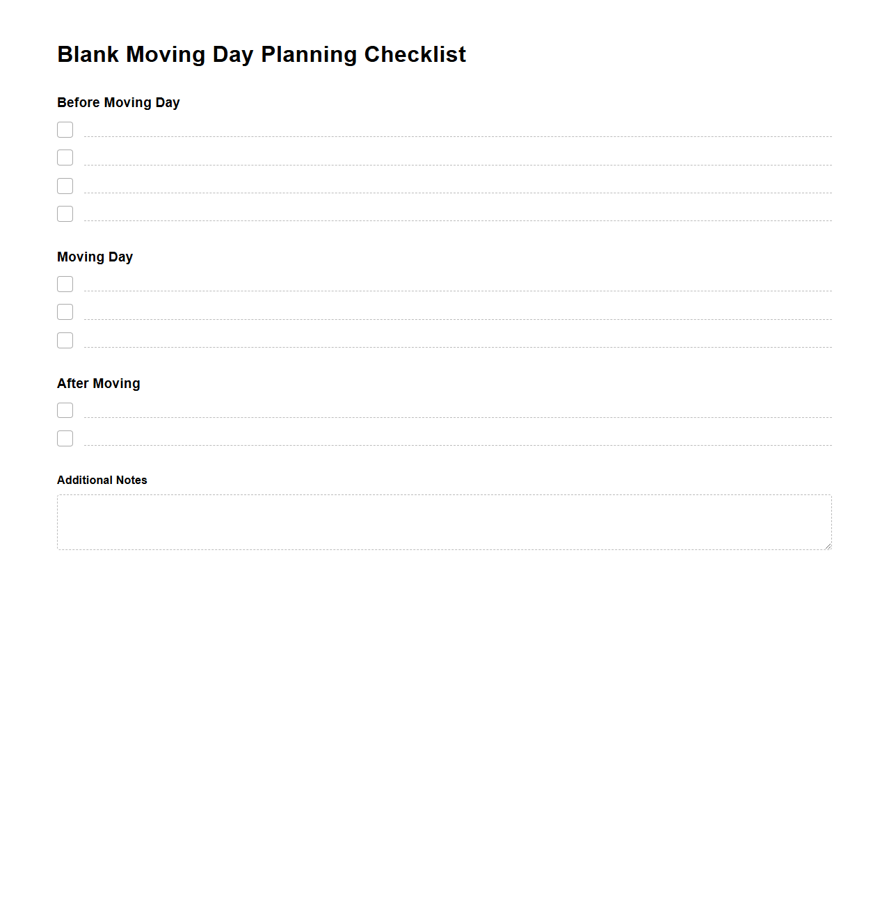 Blank Moving Day Planning Checklist