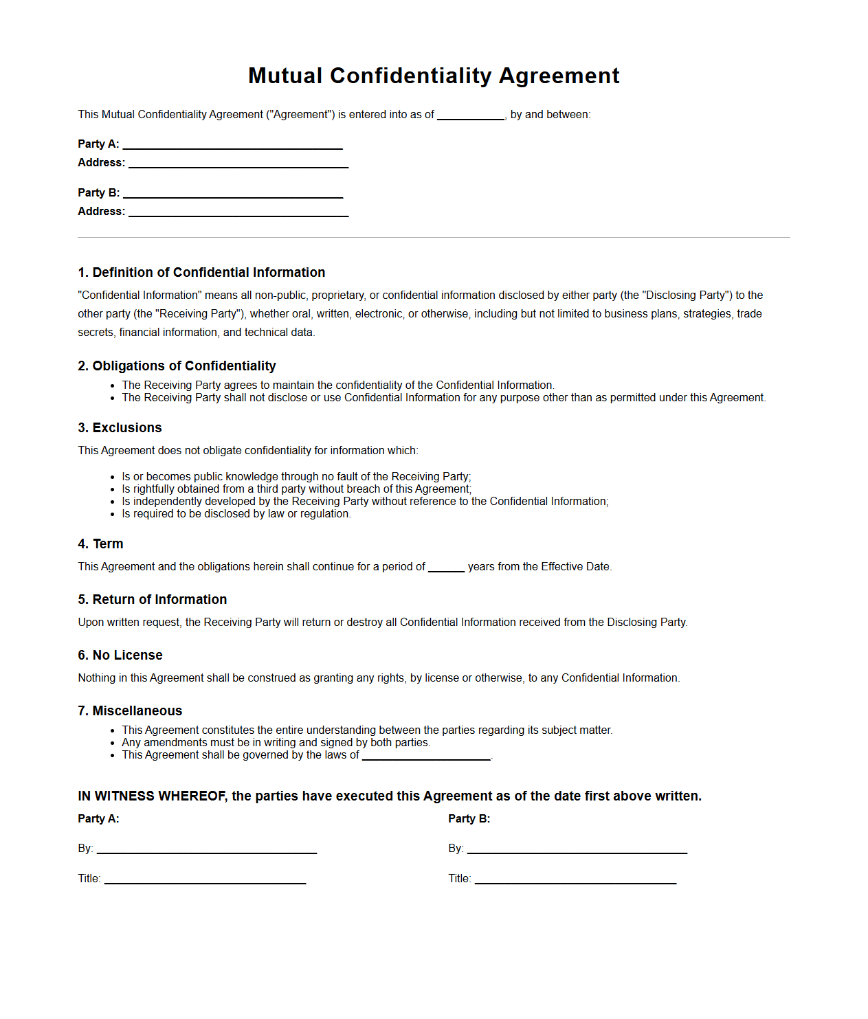 Blank Mutual Confidentiality Agreement Sample for Business Secrets