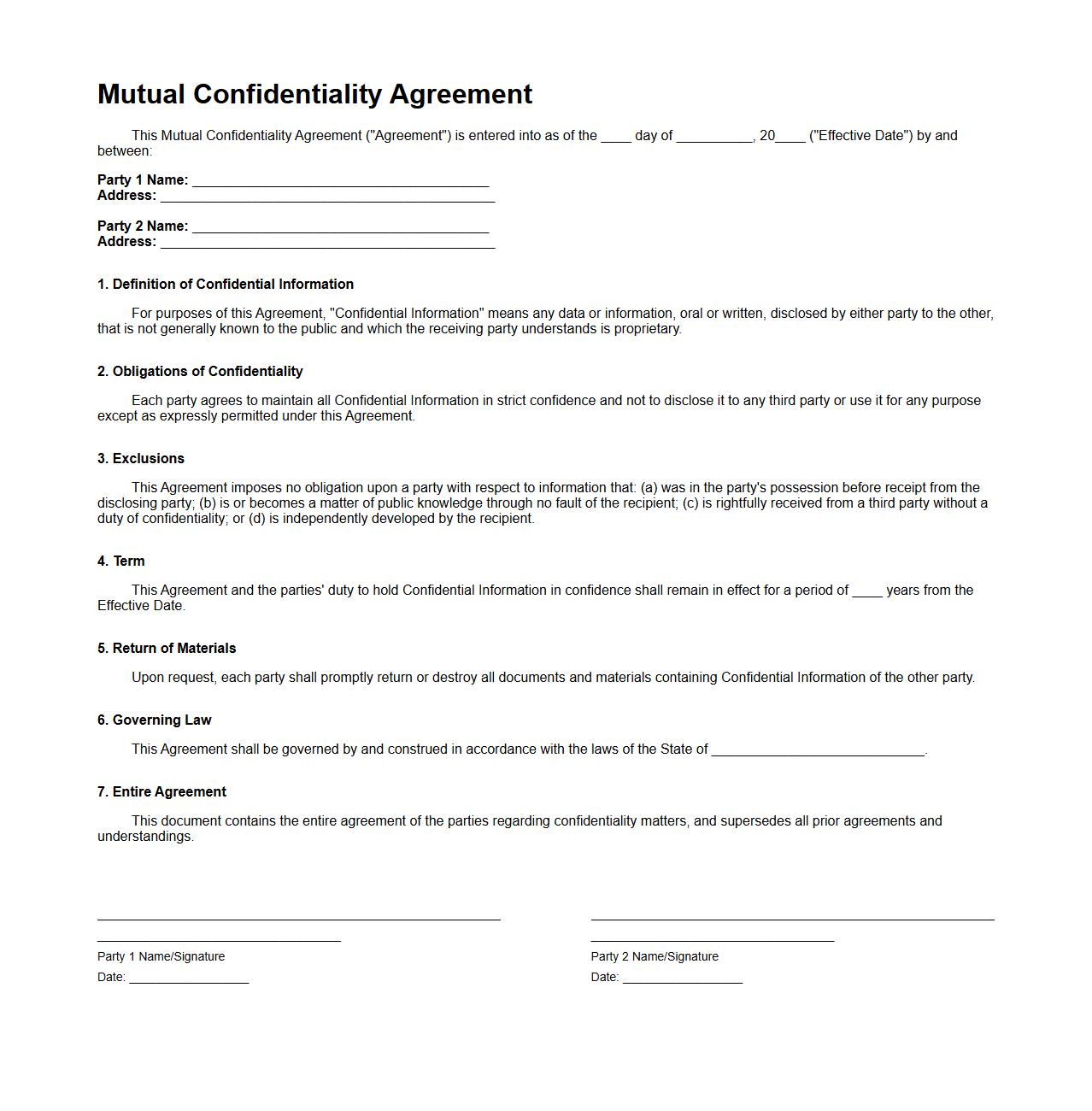 Blank Mutual Confidentiality Agreement Template for Parties