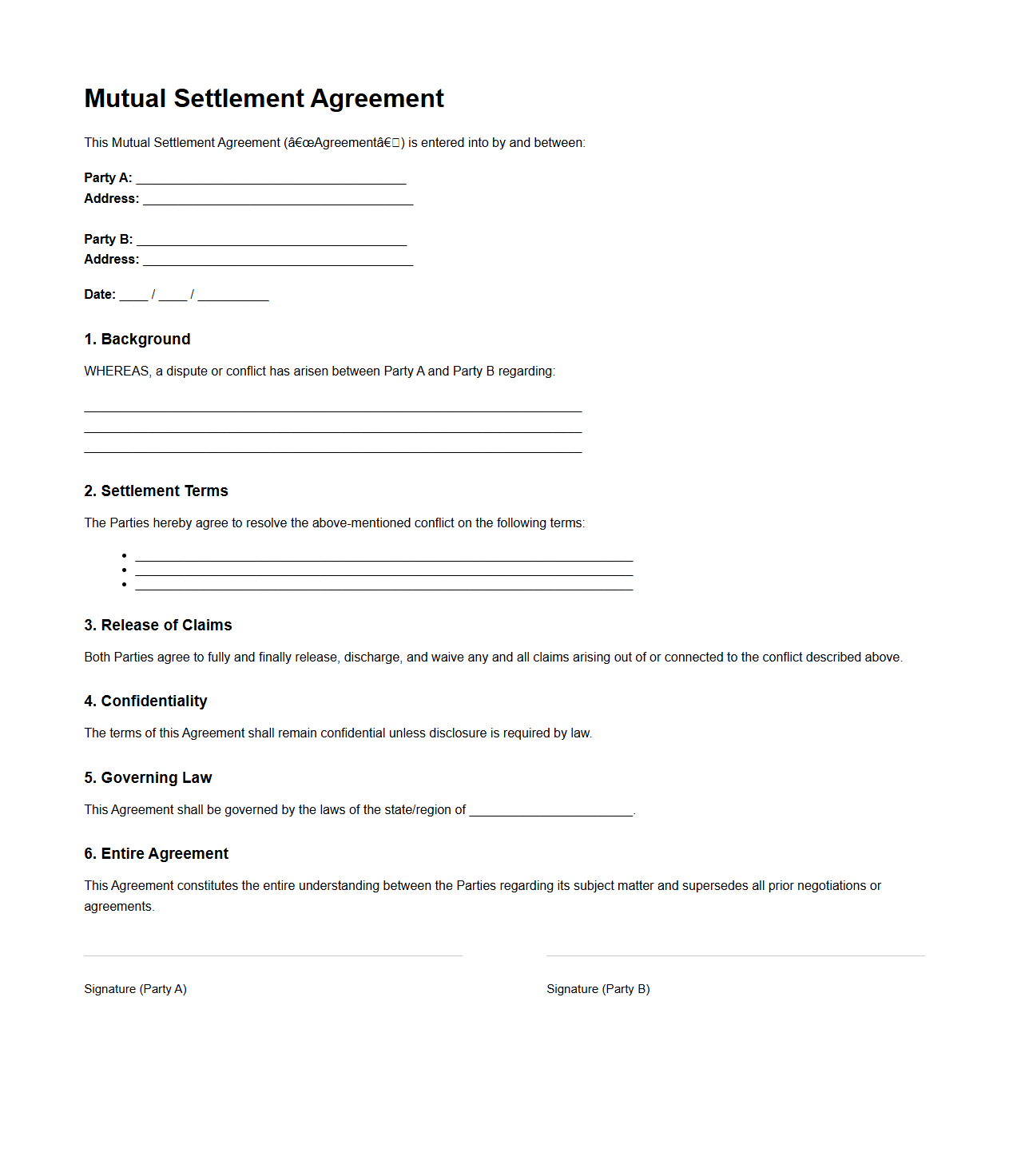 Blank Mutual Settlement Agreement Template for Conflict Resolution