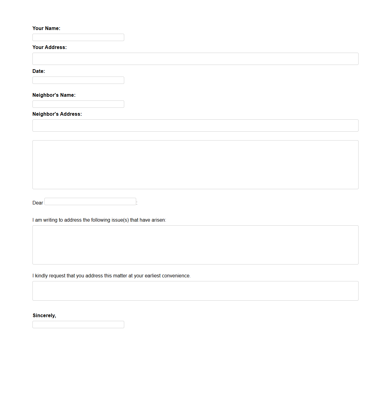 Blank Neighbor Complaint Letter Template